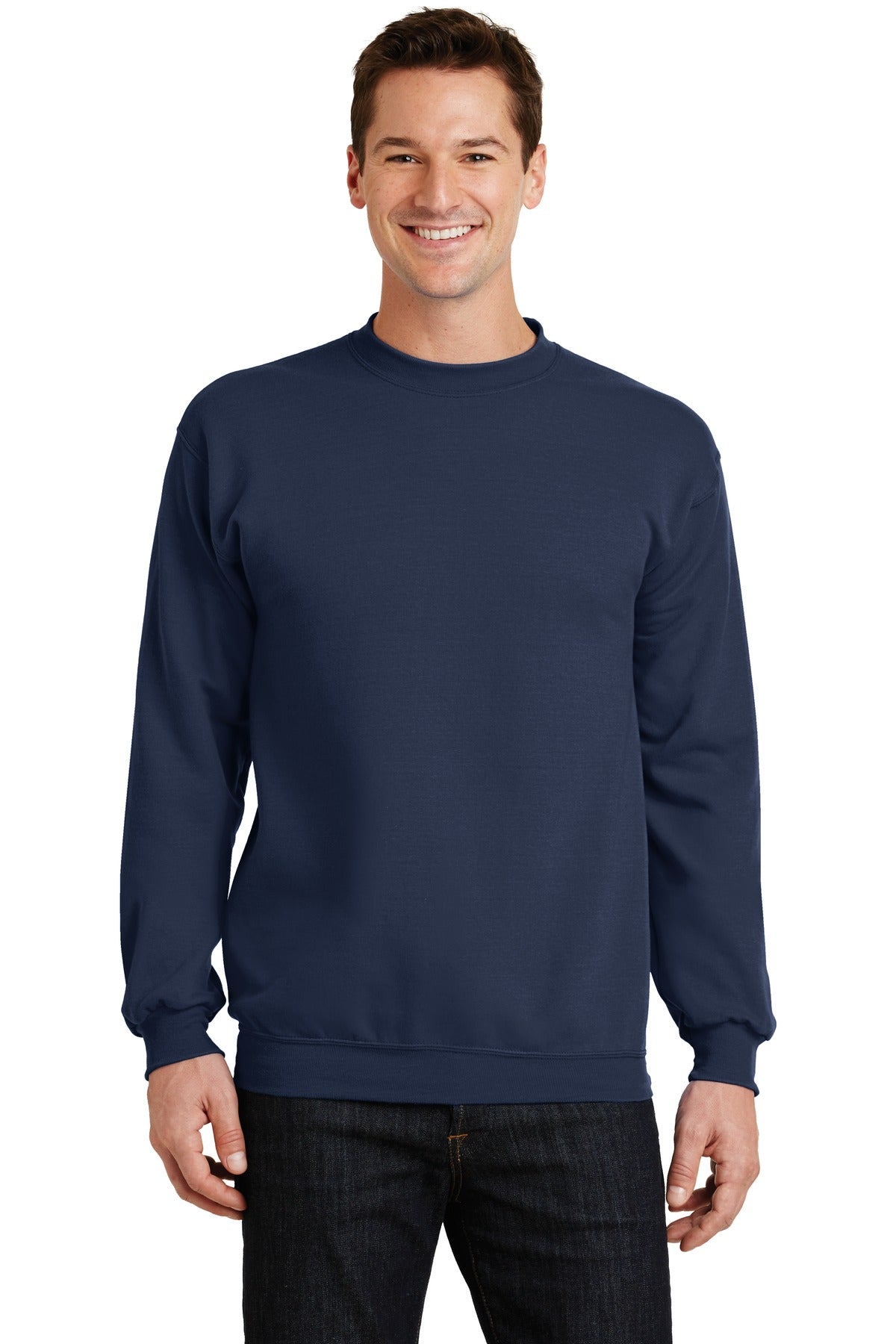 Front View of Navy Port & Co Core Fleece Crewneck Sweatshirt. PC78