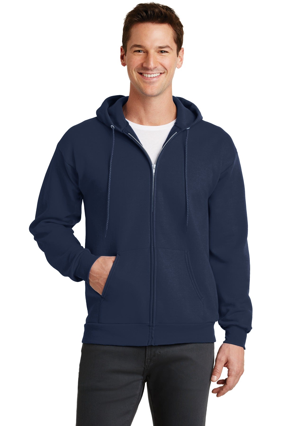Front View of Navy Port & Co Core Fleece Full-Zip Hooded Sweatshirt. PC78ZH