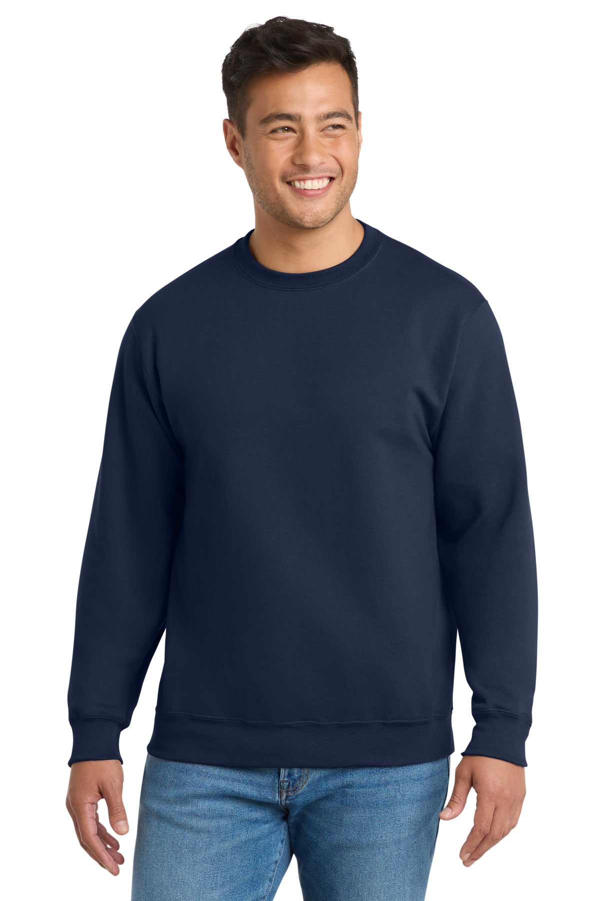Front View of Navy Port & Co Essential Fleece Crewneck Sweatshirt. PC90