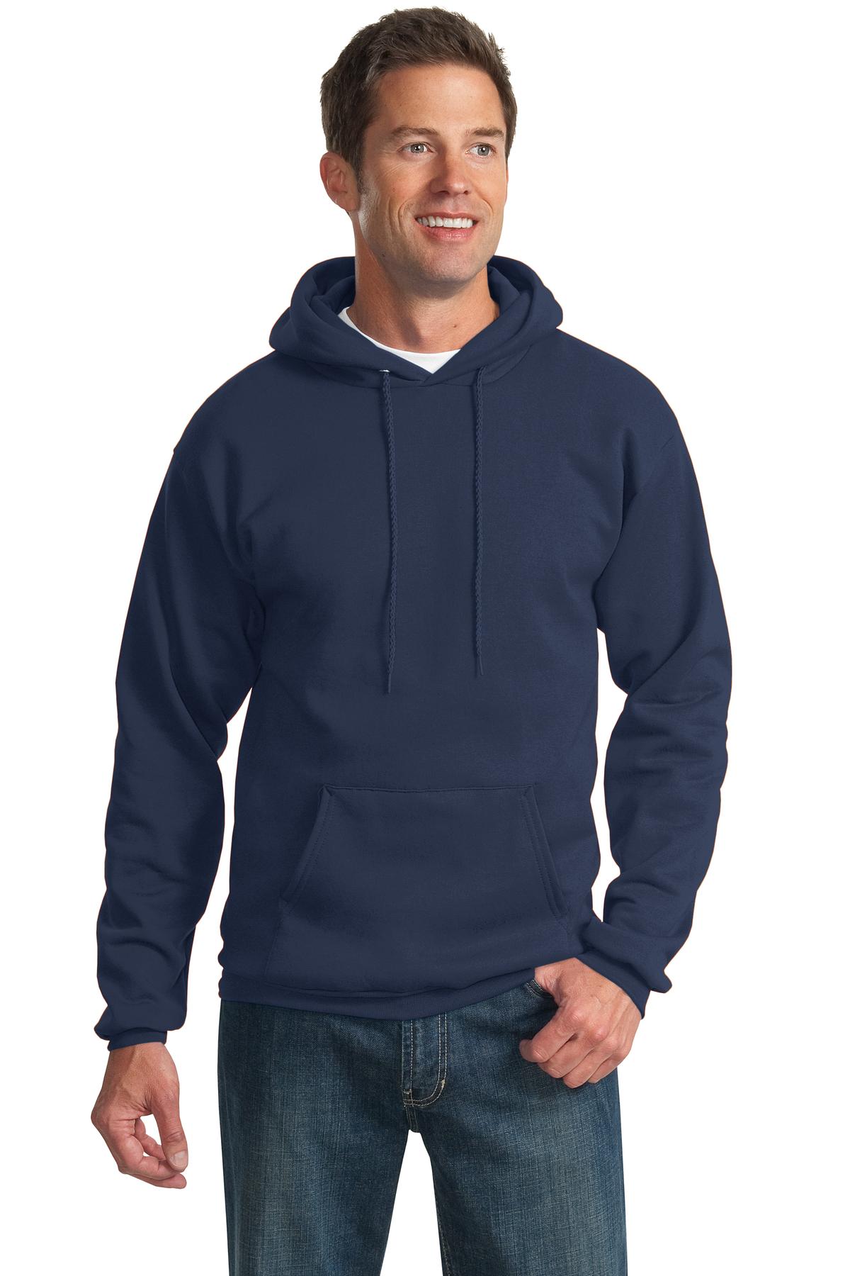 Front View of Navy Port & Co Essential Fleece Pullover Hooded Sweatshirt. PC90H