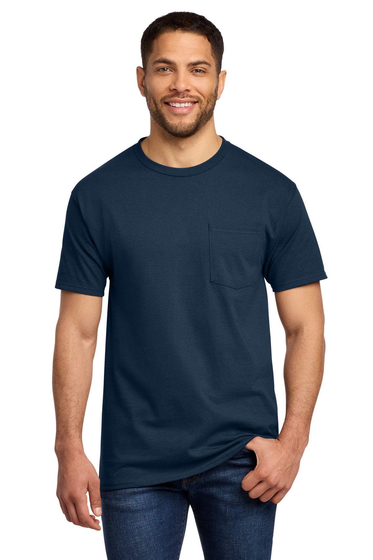 Front View of Navy Port & Co Essential Pocket Tee. PC61P