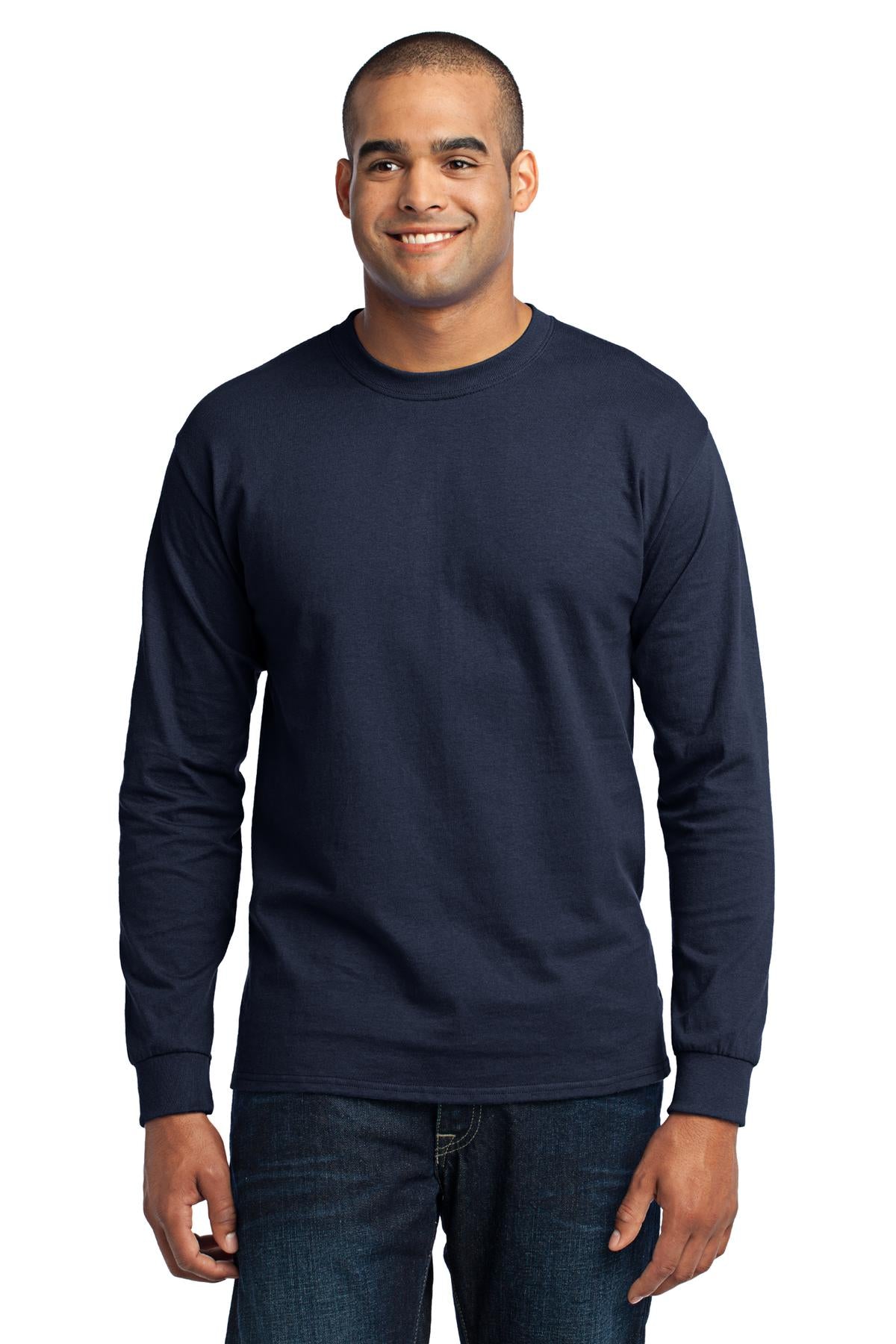 Front View of Navy Port & Co Long Sleeve Core Blend Tee. PC55LS