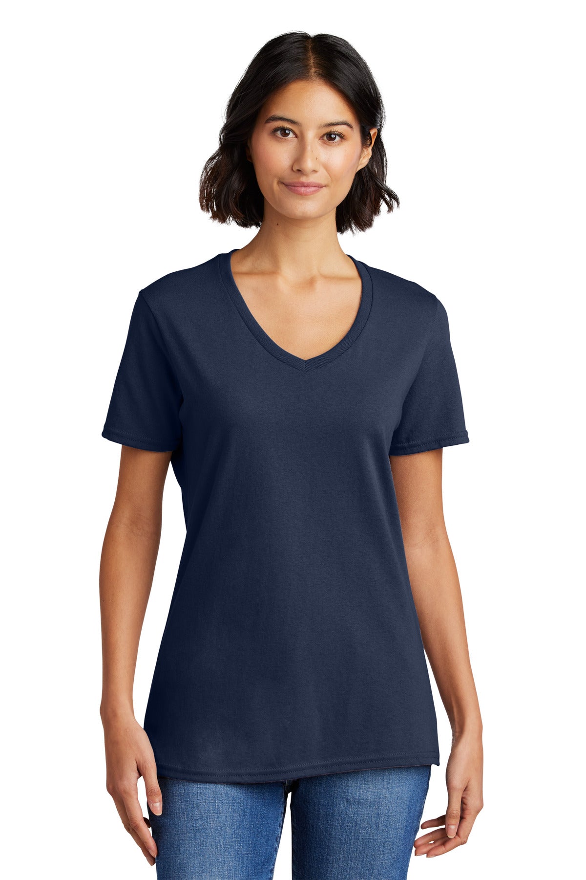 Front View of Navy Port & Co Women's Core Cotton V-Neck Tee. LPC54V