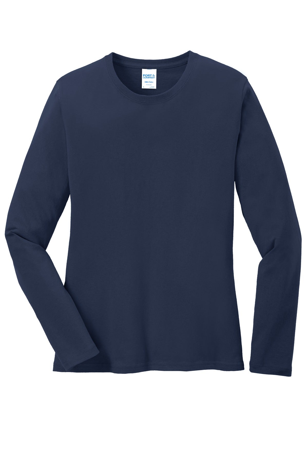 Front View of Navy Port & Co Women's Long Sleeve Core Cotton Tee. LPC54LS