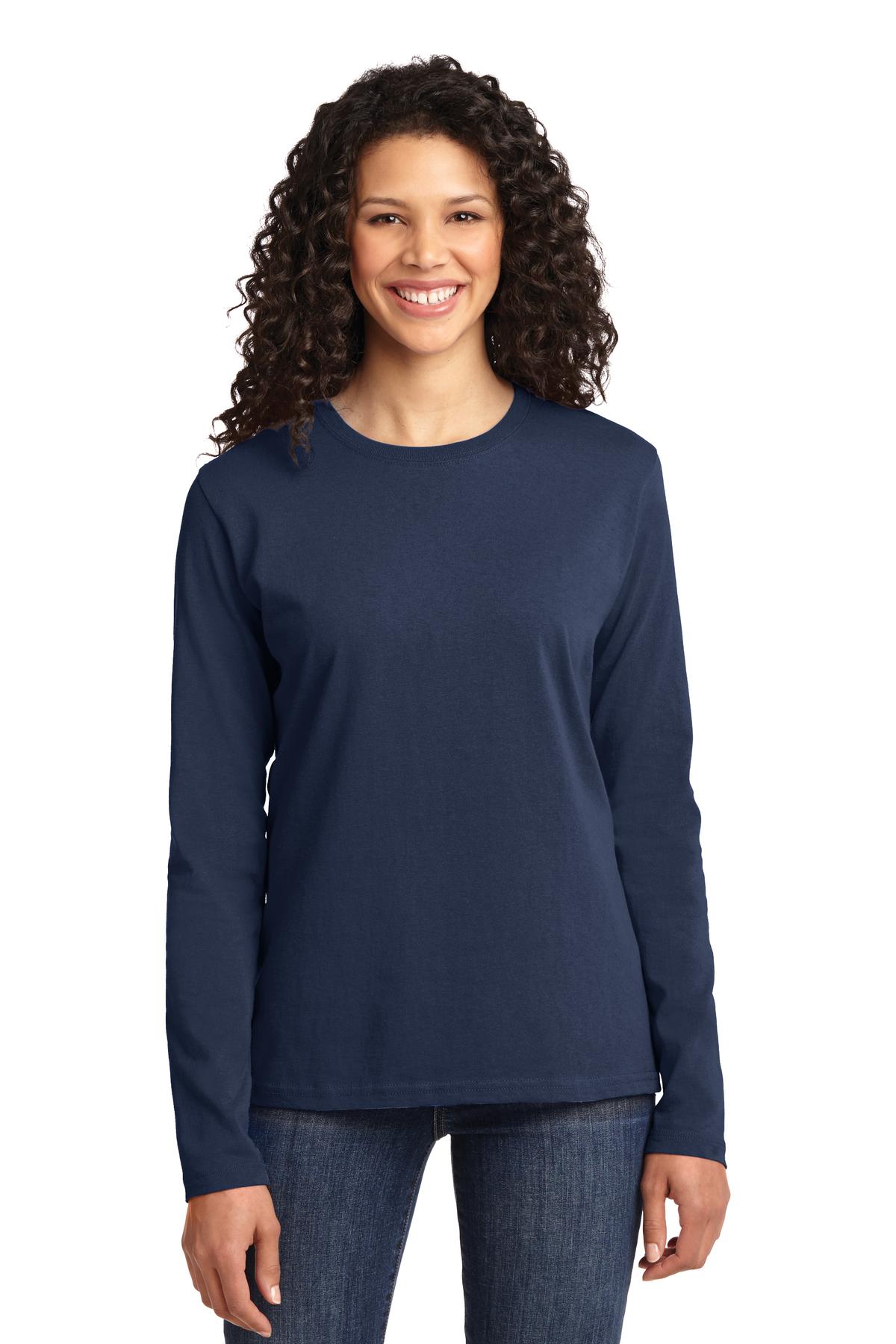 Front View of Navy Port & Co Women's Long Sleeve Core Cotton Tee. LPC54LS