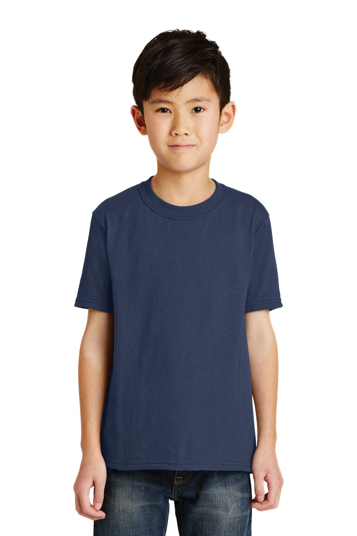 Front View of Navy Port & Co Youth Core Blend Tee. PC55Y