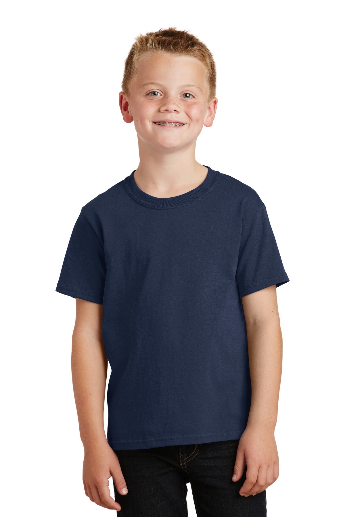 Front View of Navy Port & Co Youth Core Cotton Tee. PC54Y