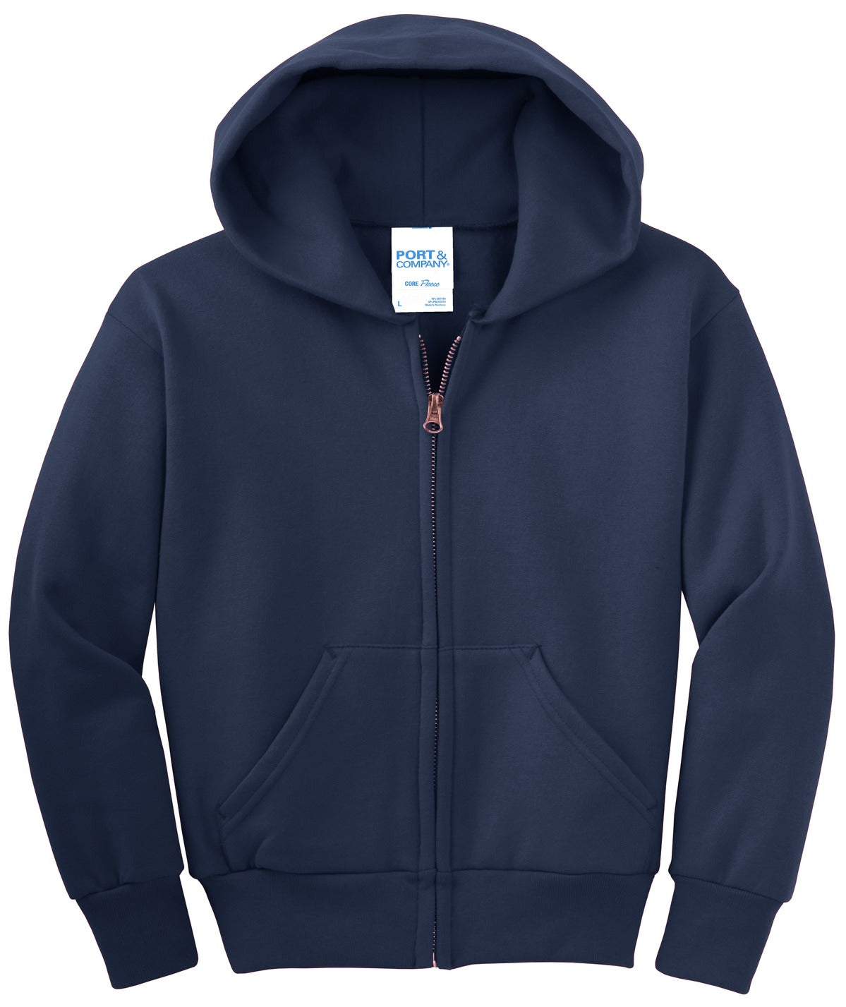 Front View of Navy Port & Co Youth Core Fleece Full-Zip Hooded Sweatshirt. PC90YZH