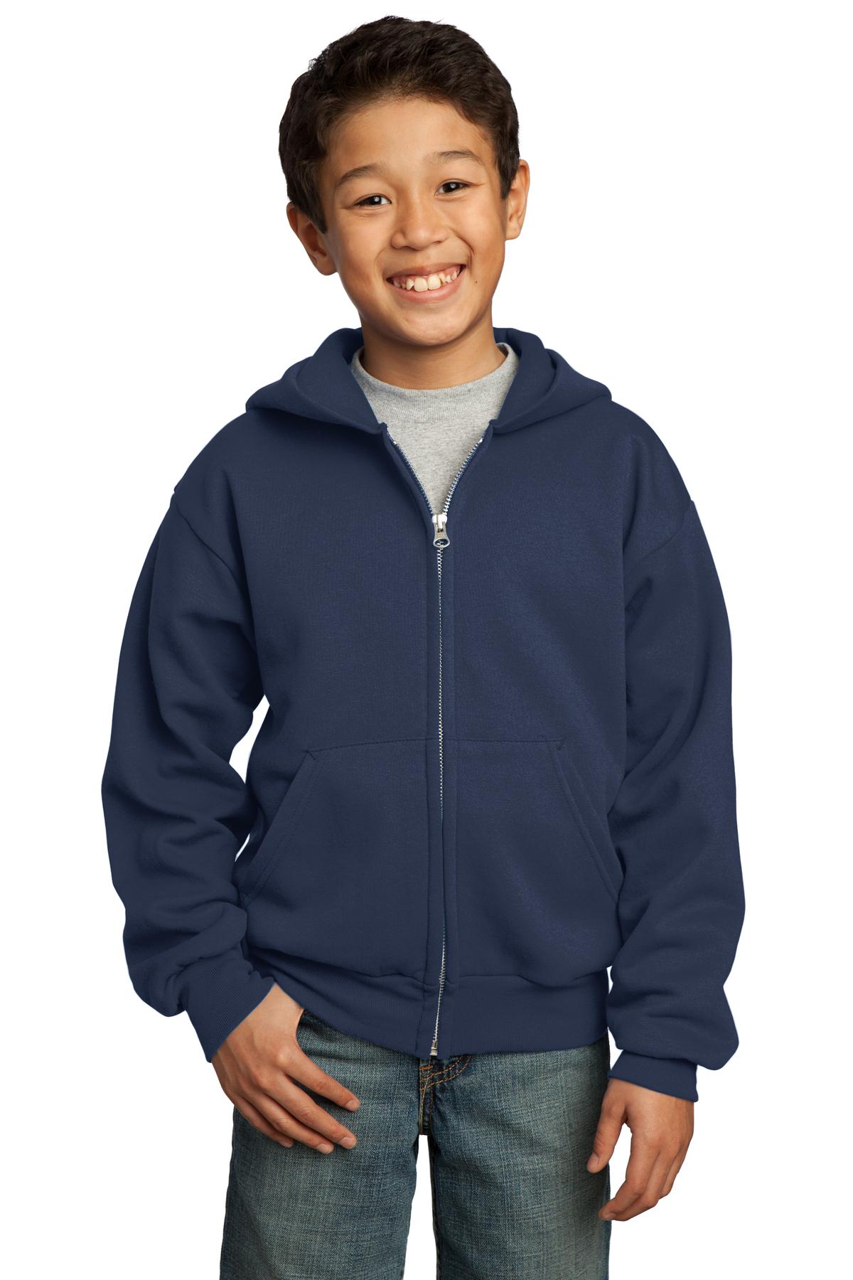 Front View of Navy Port & Co Youth Core Fleece Full-Zip Hooded Sweatshirt. PC90YZH