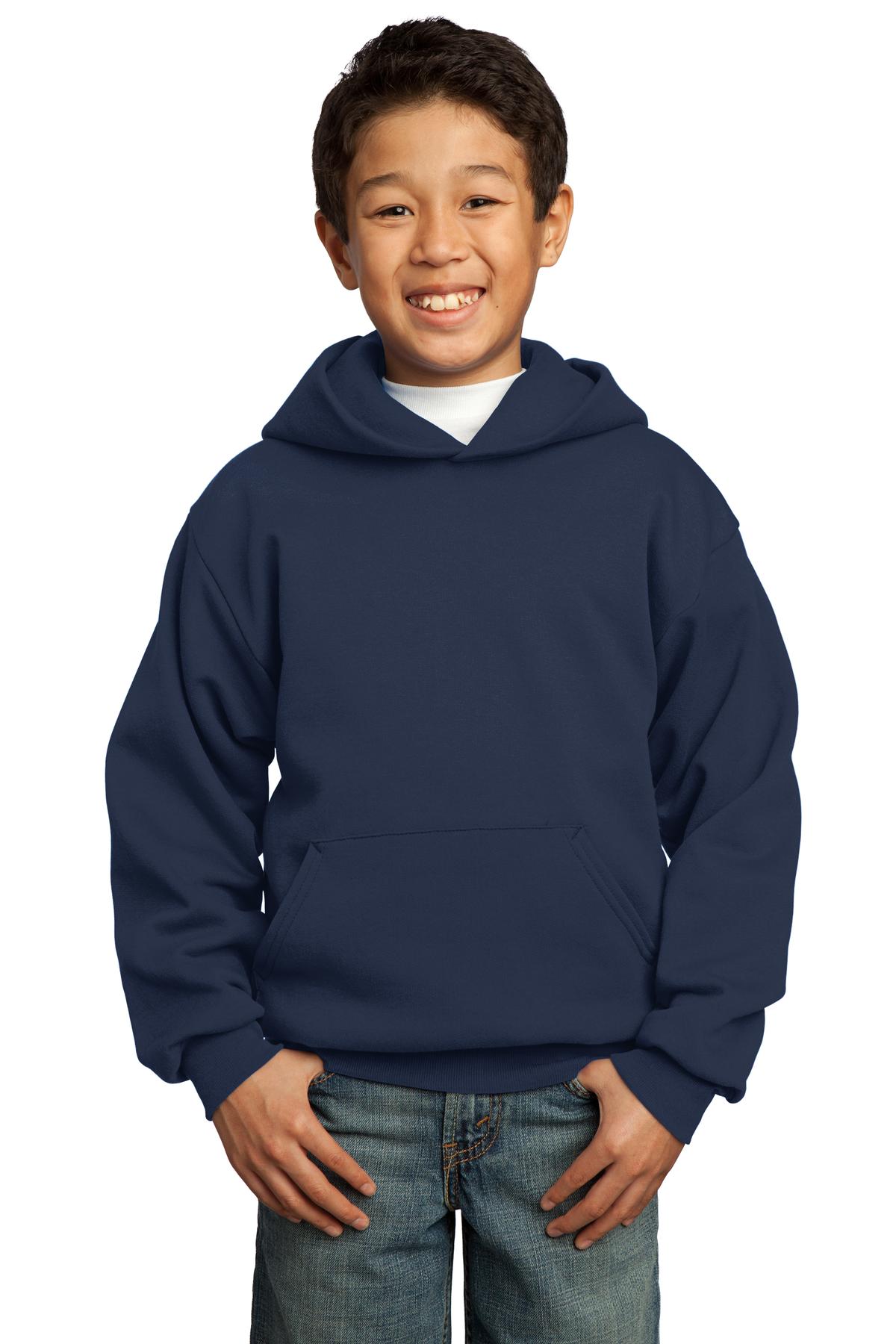 Front View of Navy Port & Co Youth Core Fleece Pullover Hooded Sweatshirt. PC90YH