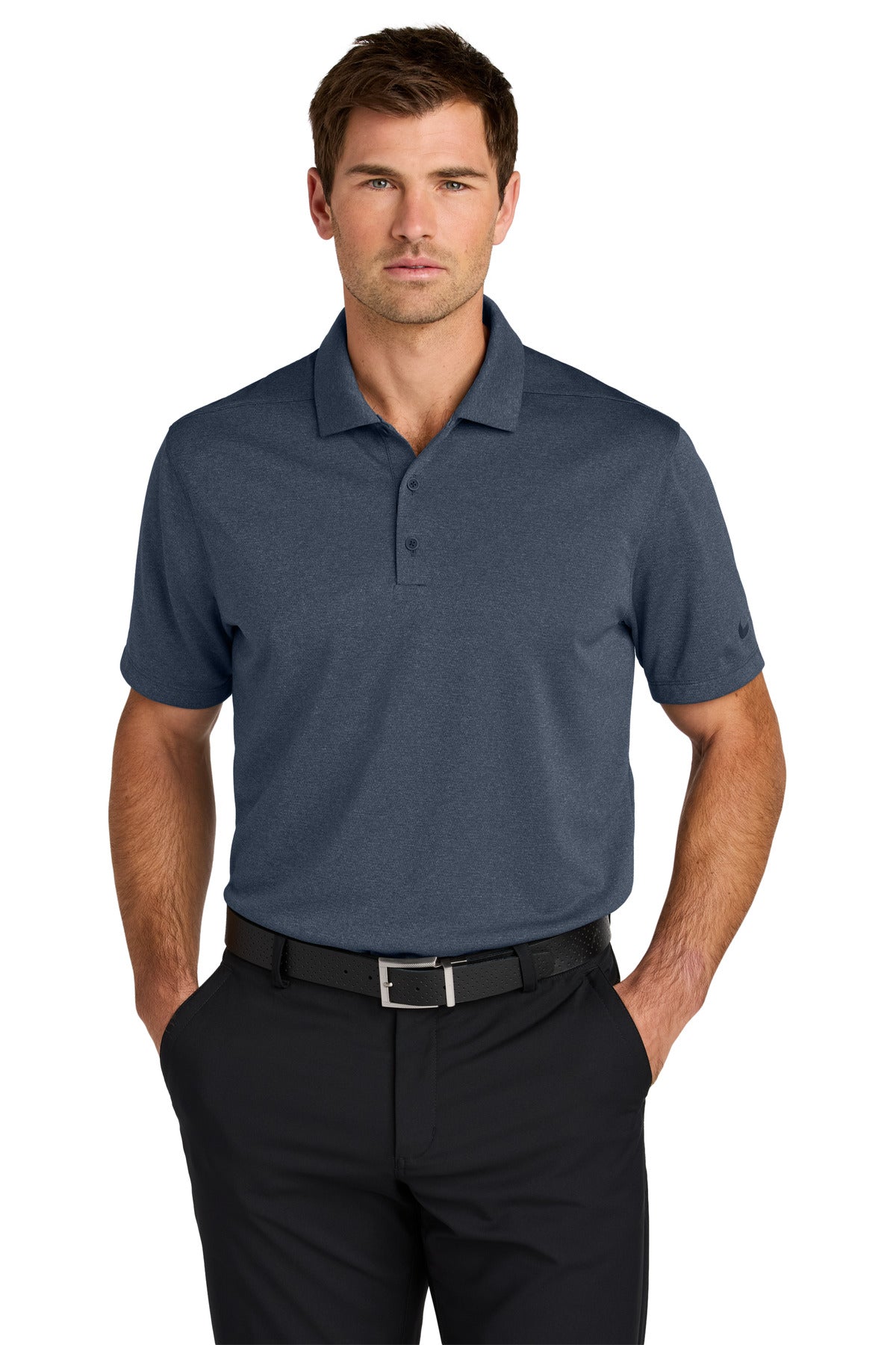 Front View of NavyHthr Nike Dri-FIT Smooth Heather Polo NKFQ4794