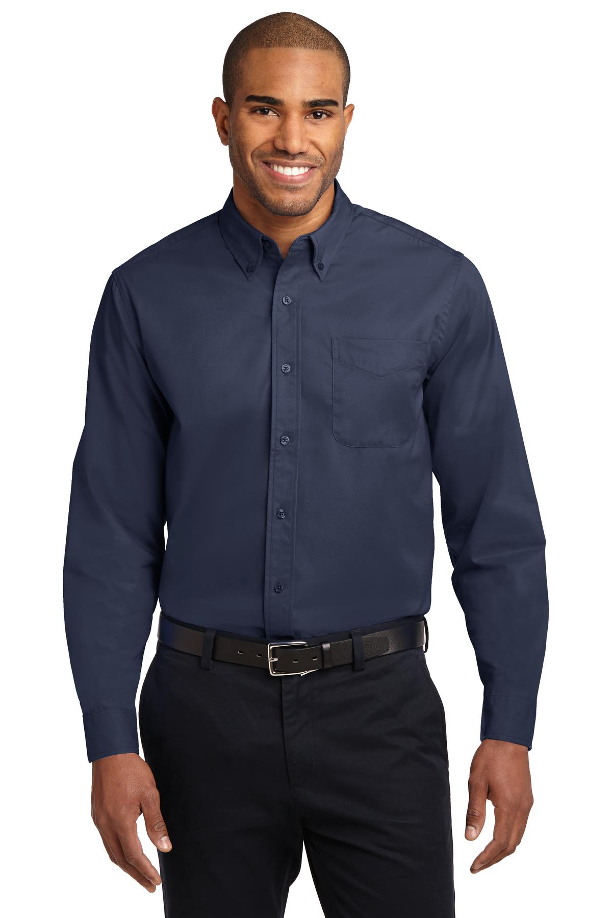 Front View of Navy/Lt Stone Port Authority Long Sleeve Easy Care Shirt S608