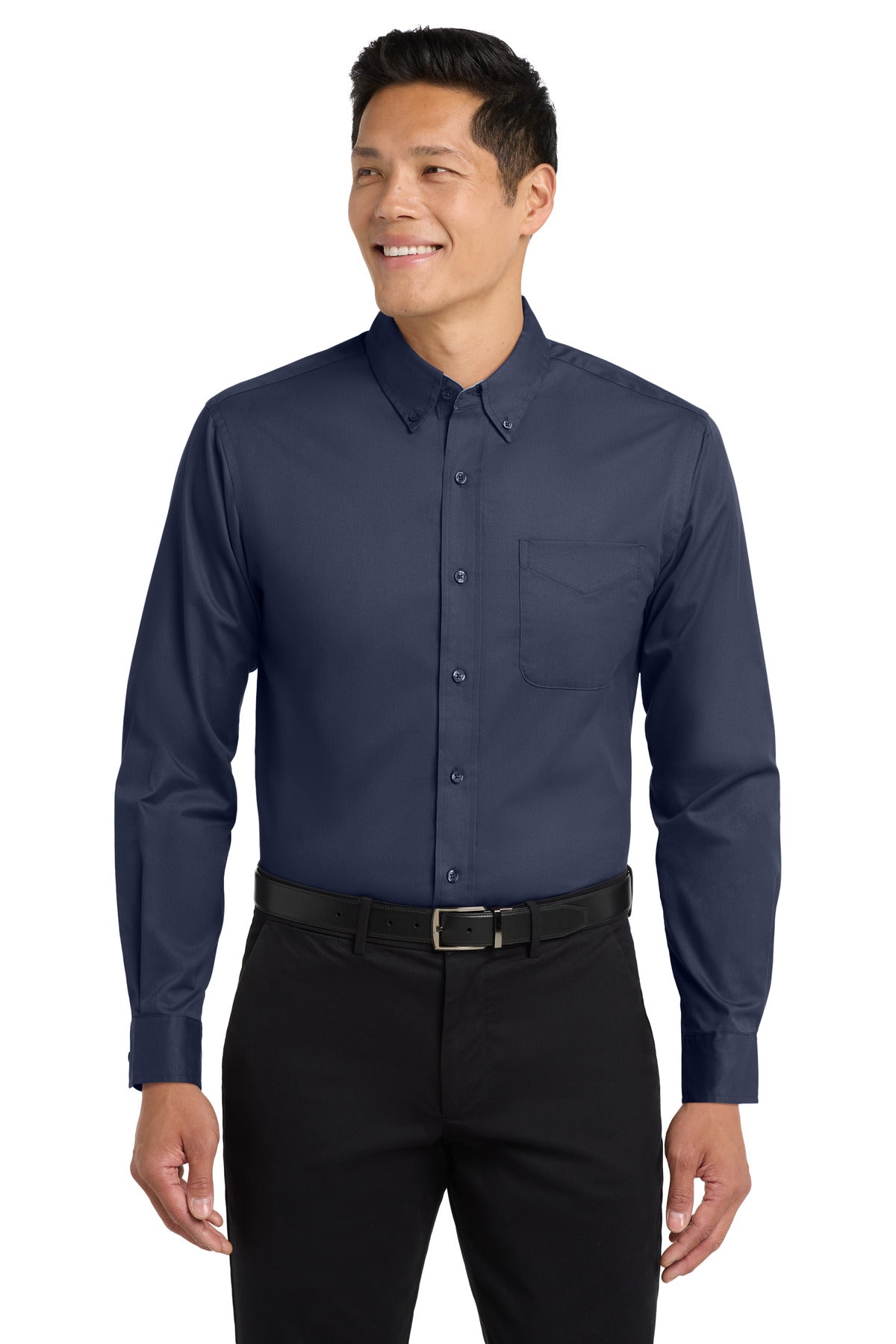 Front View of Navy/Lt Stone Port Authority Long Sleeve Easy Care Shirt S608