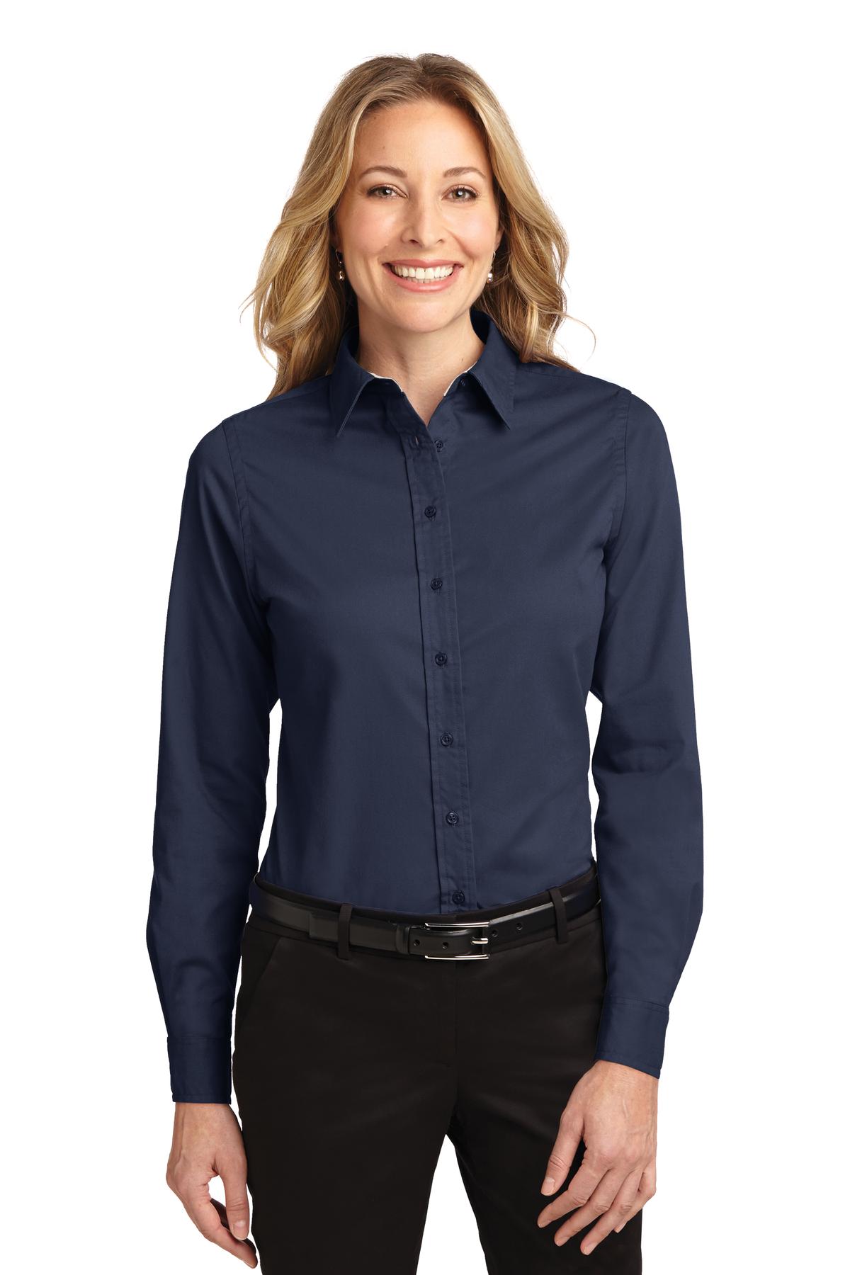 Front View of Navy/Lt Stone Port Authority Women's Long Sleeve Easy Care Shirt. L608