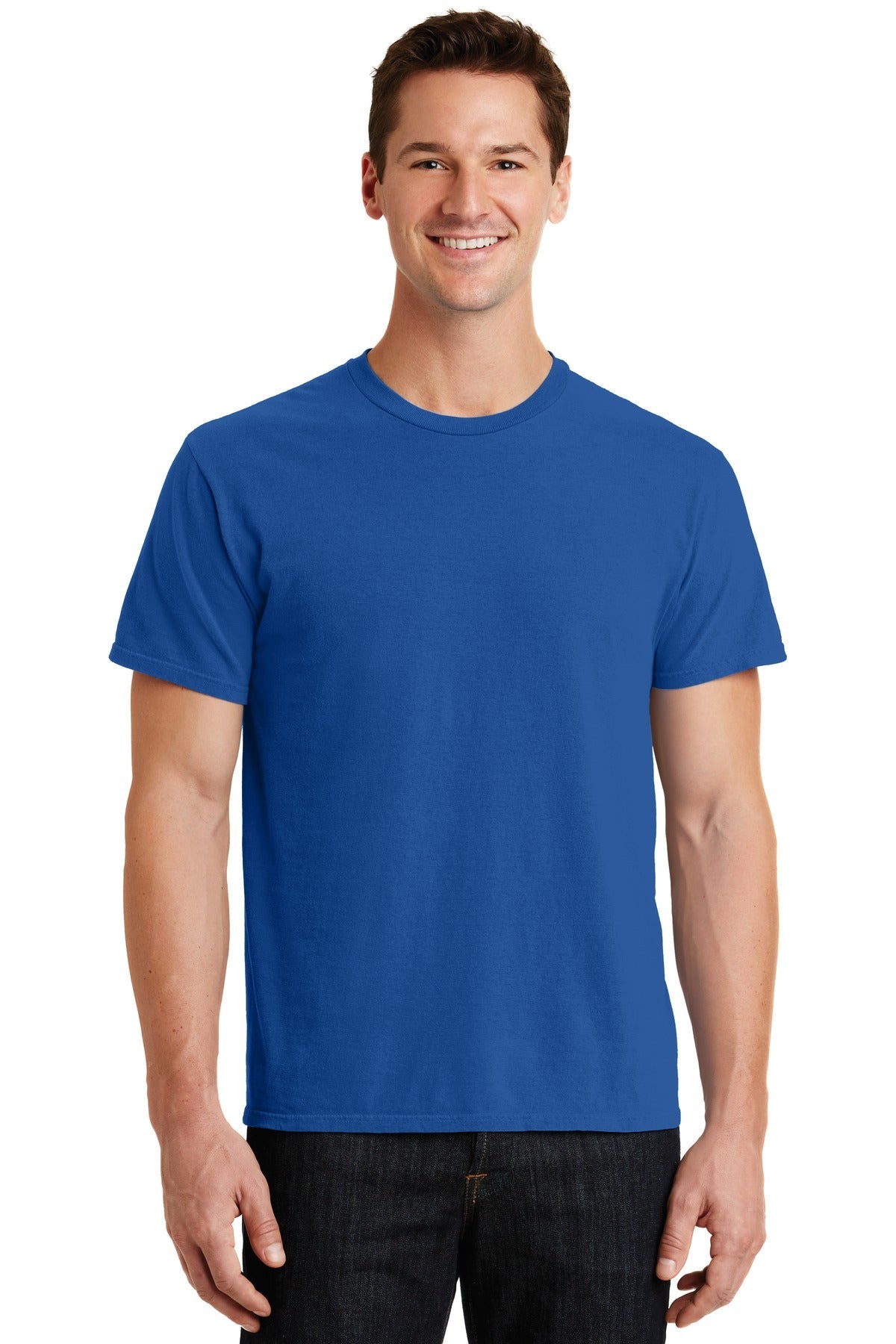 Front View of Neon Blue Port & Co Beach Wash Garment-Dyed Tee. PC099