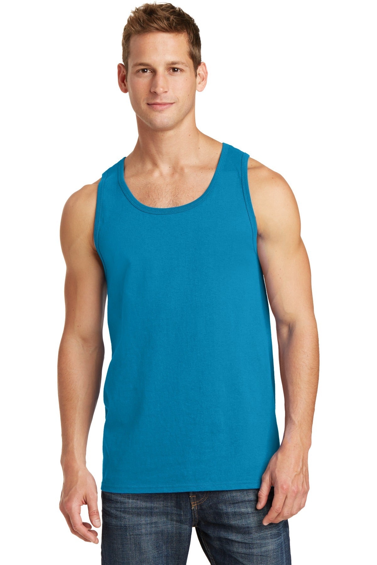 Front View of Neon Blue Port & Co Core Cotton Tank Top. PC54TT
