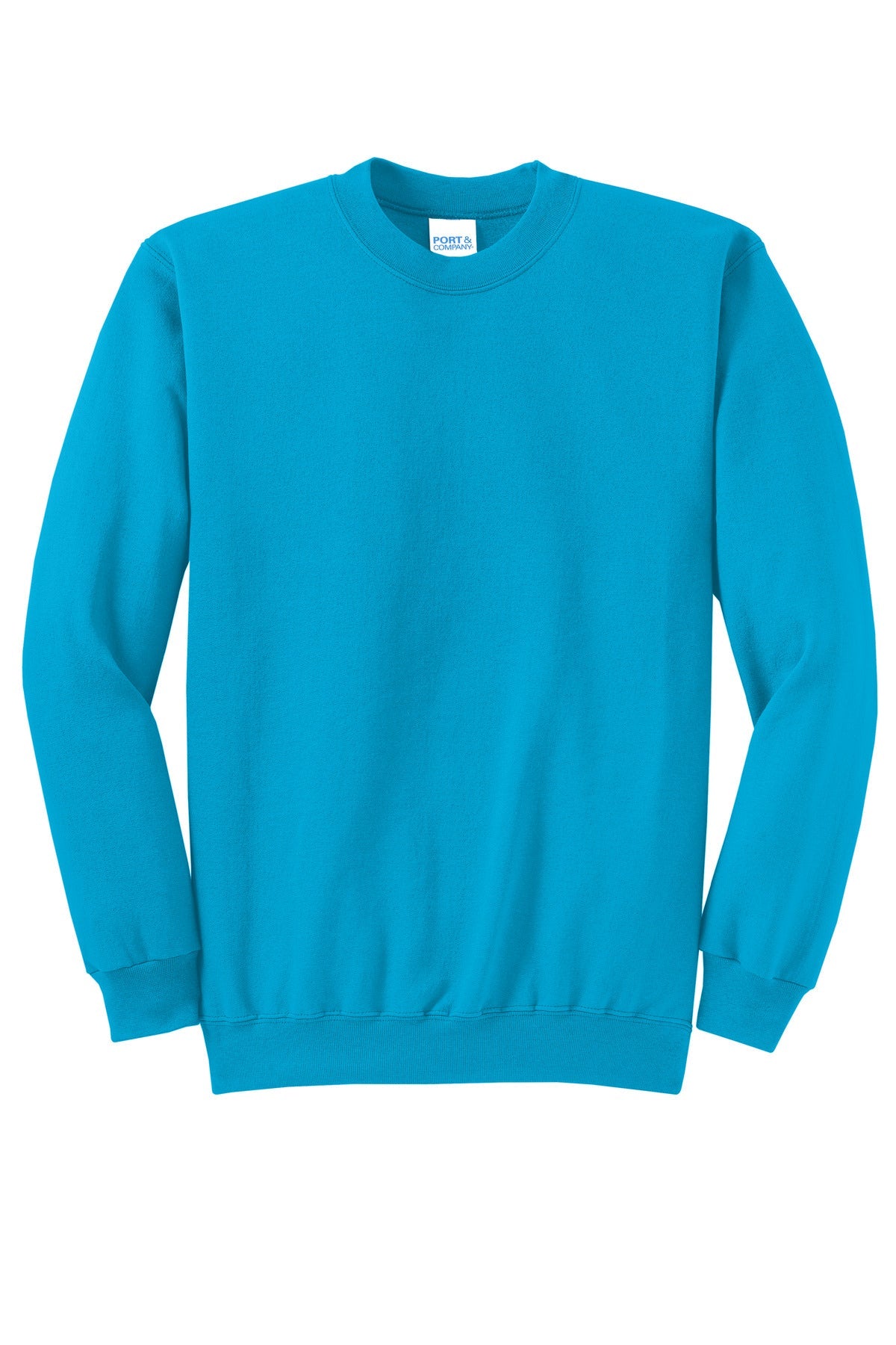 Front View of Neon Blue Port & Co Core Fleece Crewneck Sweatshirt. PC78