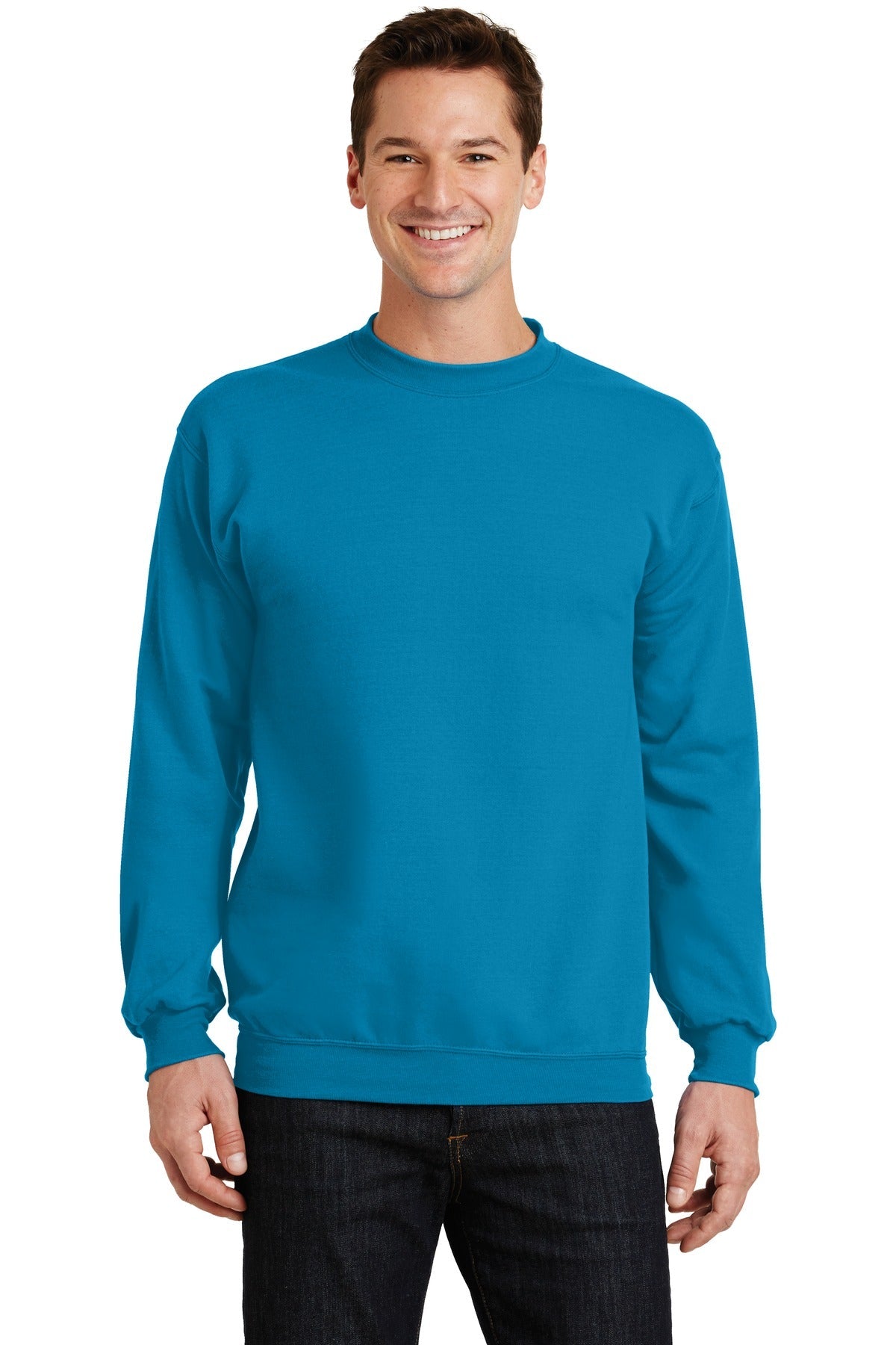 Front View of Neon Blue Port & Co Core Fleece Crewneck Sweatshirt. PC78