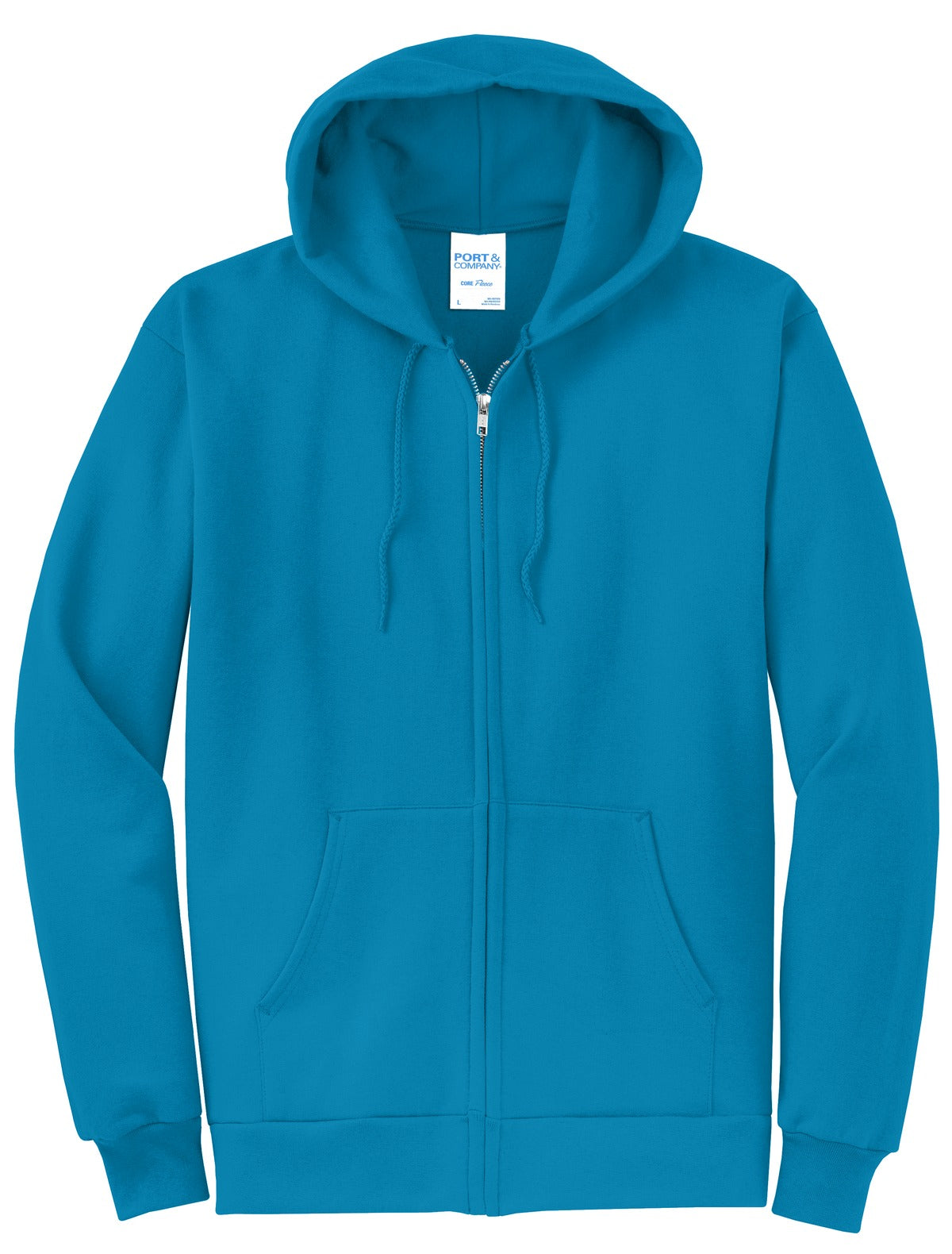 Front View of Neon Blue Port & Co Core Fleece Full-Zip Hooded Sweatshirt. PC78ZH