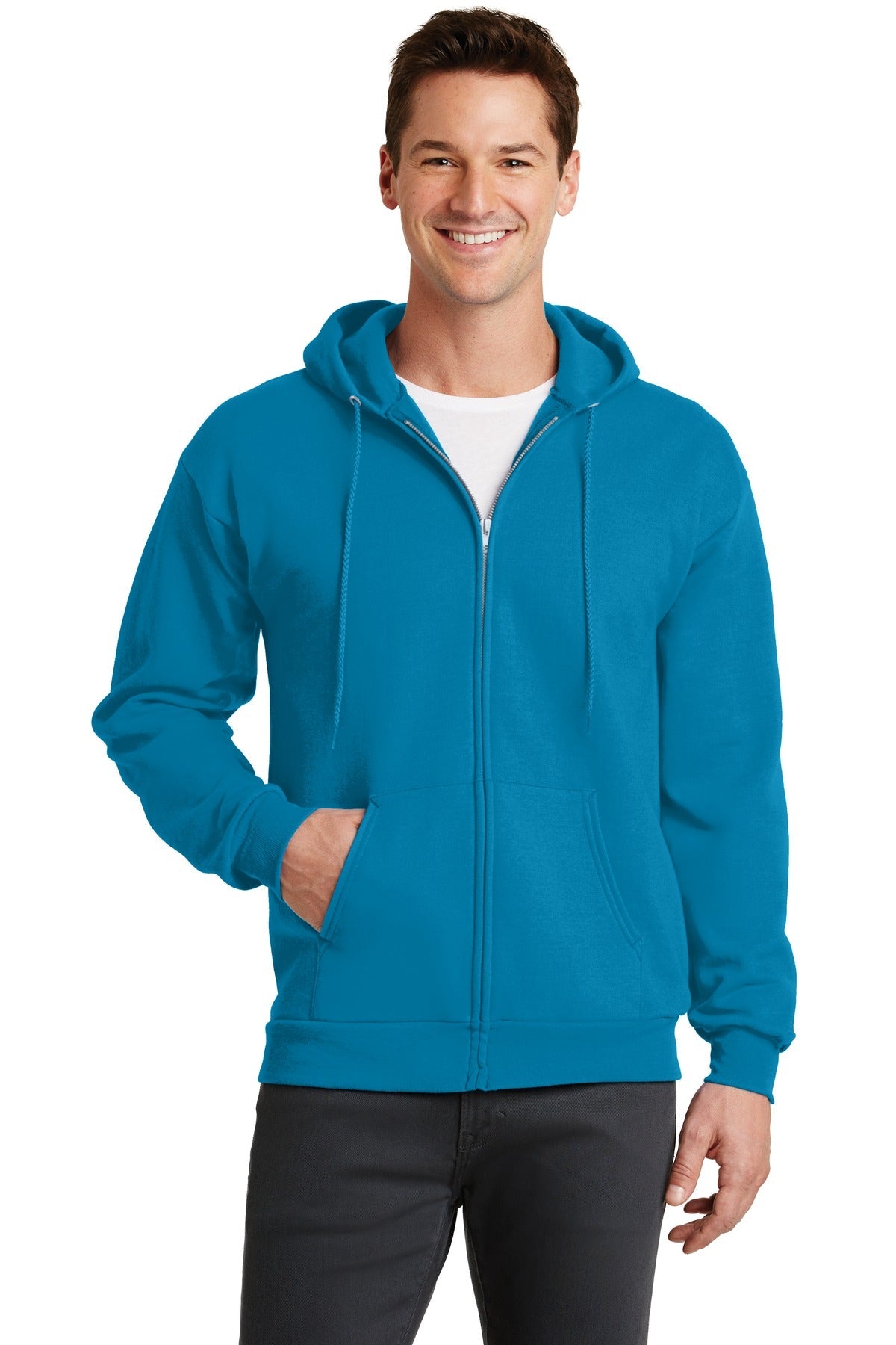 Front View of Neon Blue Port & Co Core Fleece Full-Zip Hooded Sweatshirt. PC78ZH
