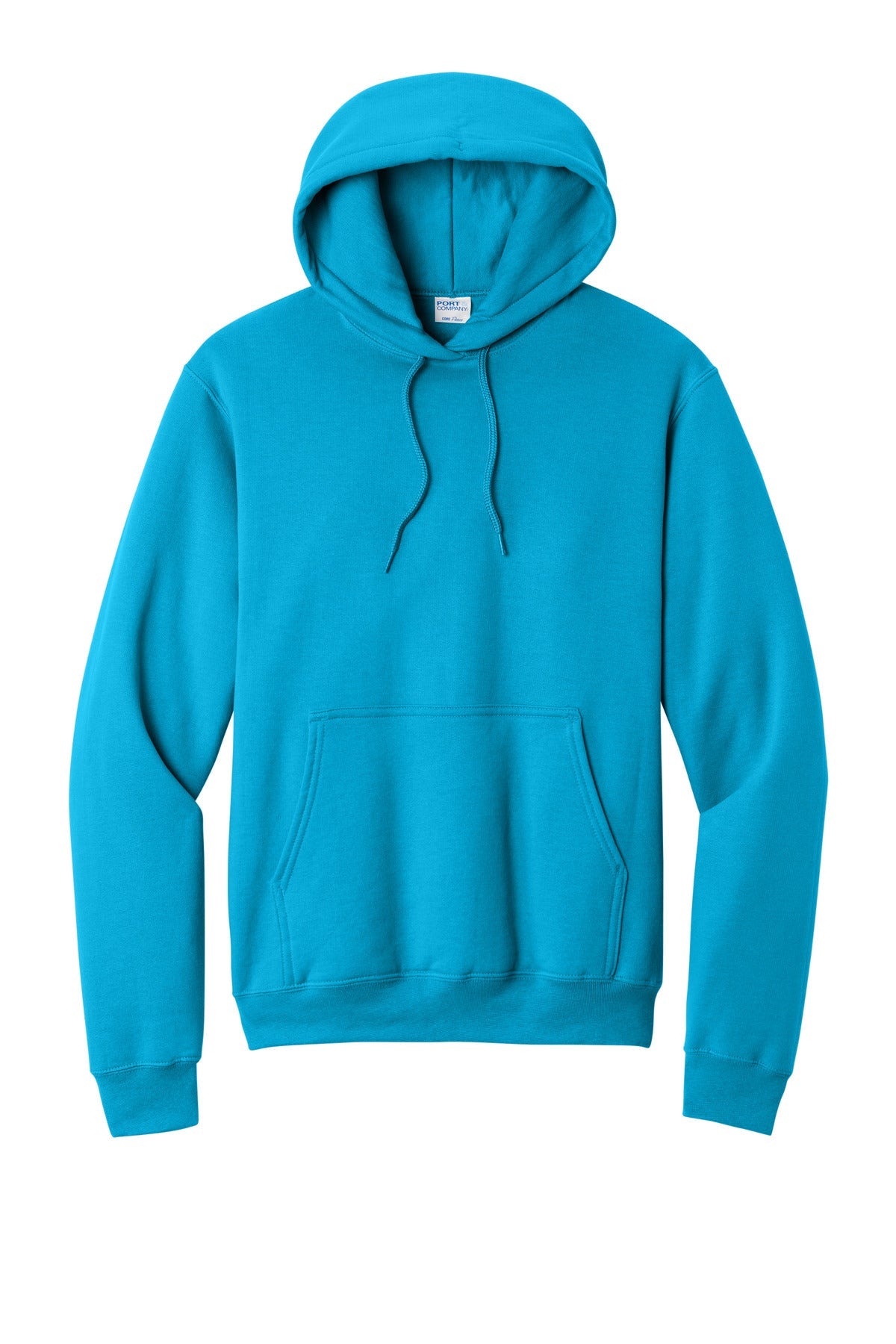 Front View of Neon Blue Port & Co Core Fleece Pullover Hooded Sweatshirt. PC78H