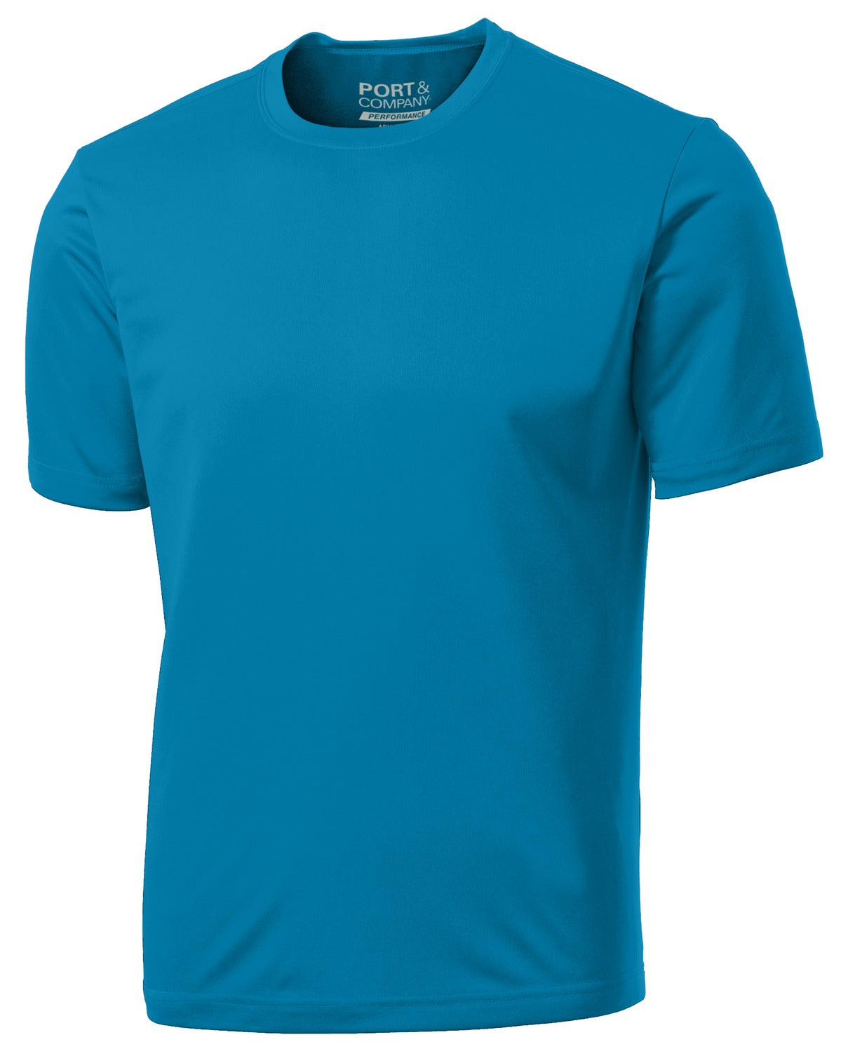 Front View of Neon Blue Port & Co Performance Tee. PC380