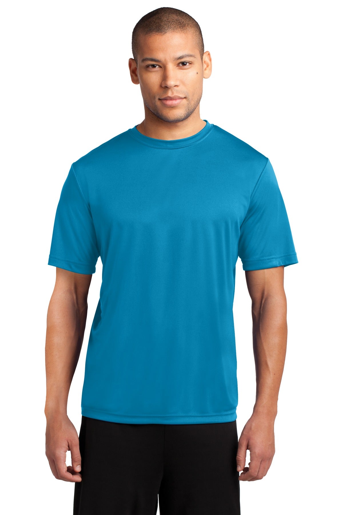 Front View of Neon Blue Port & Co Performance Tee. PC380