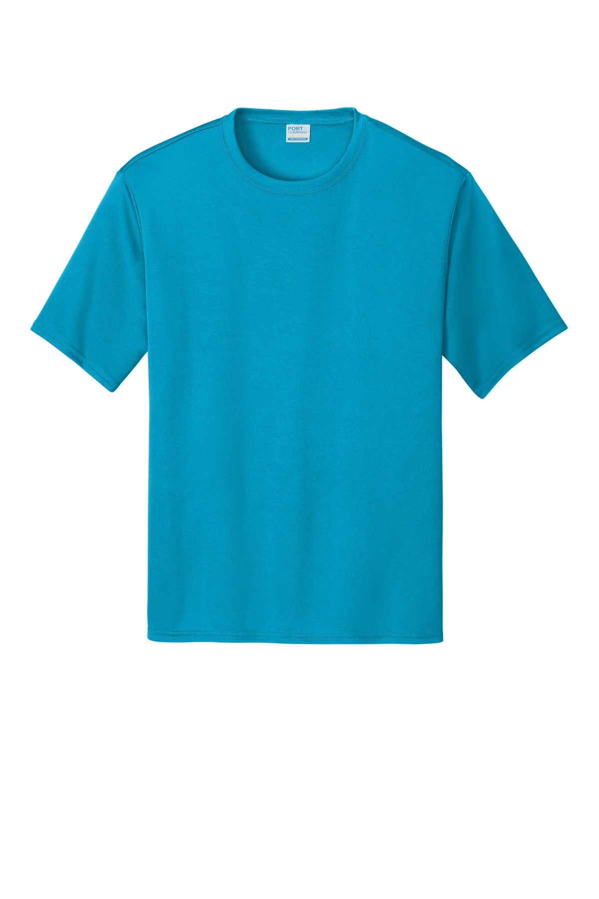 Front View of Neon Blue Port & Co Performance Tee. PC380