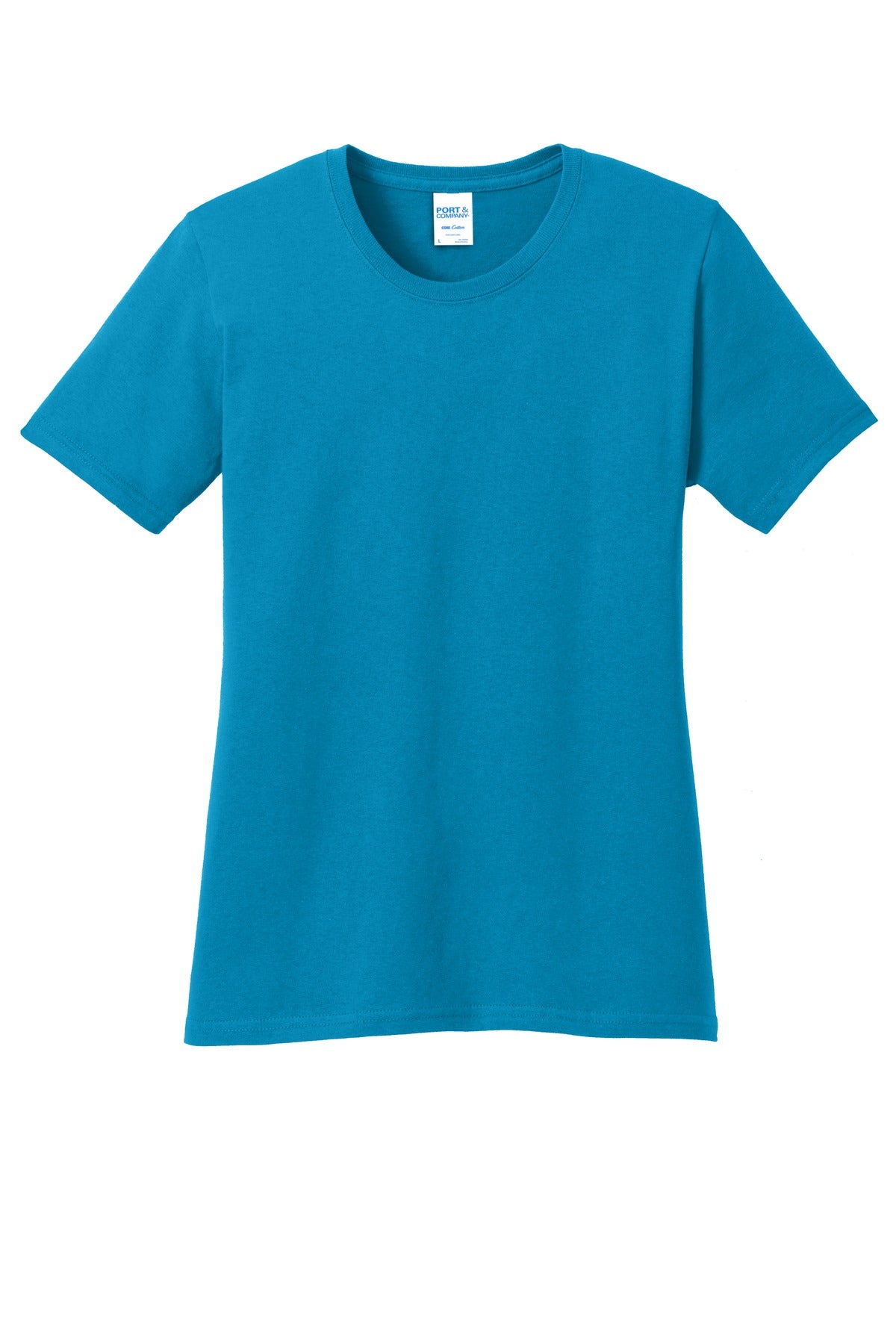 Front View of Neon Blue Port & Co Women's Core Cotton Tee. LPC54