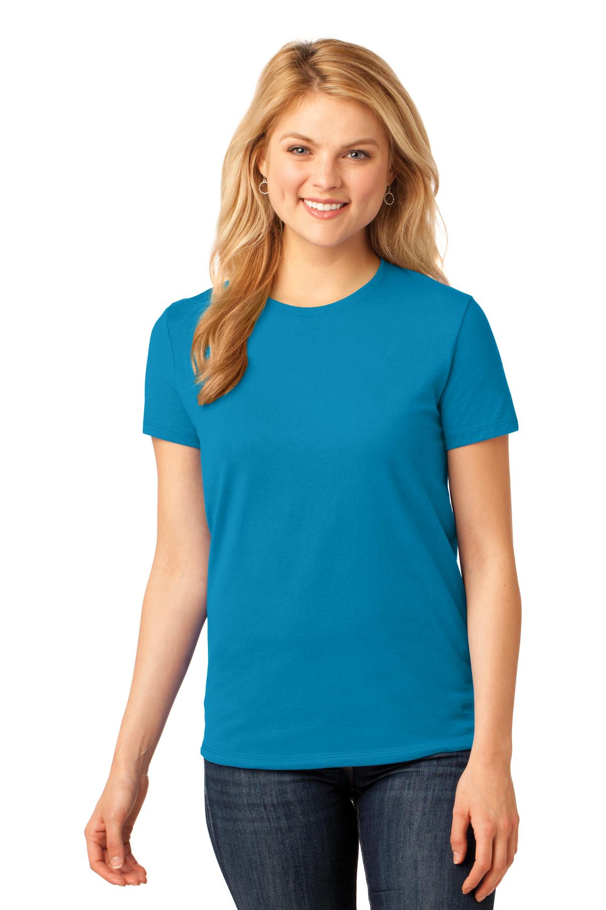 Front View of Neon Blue Port & Co Women's Core Cotton Tee. LPC54