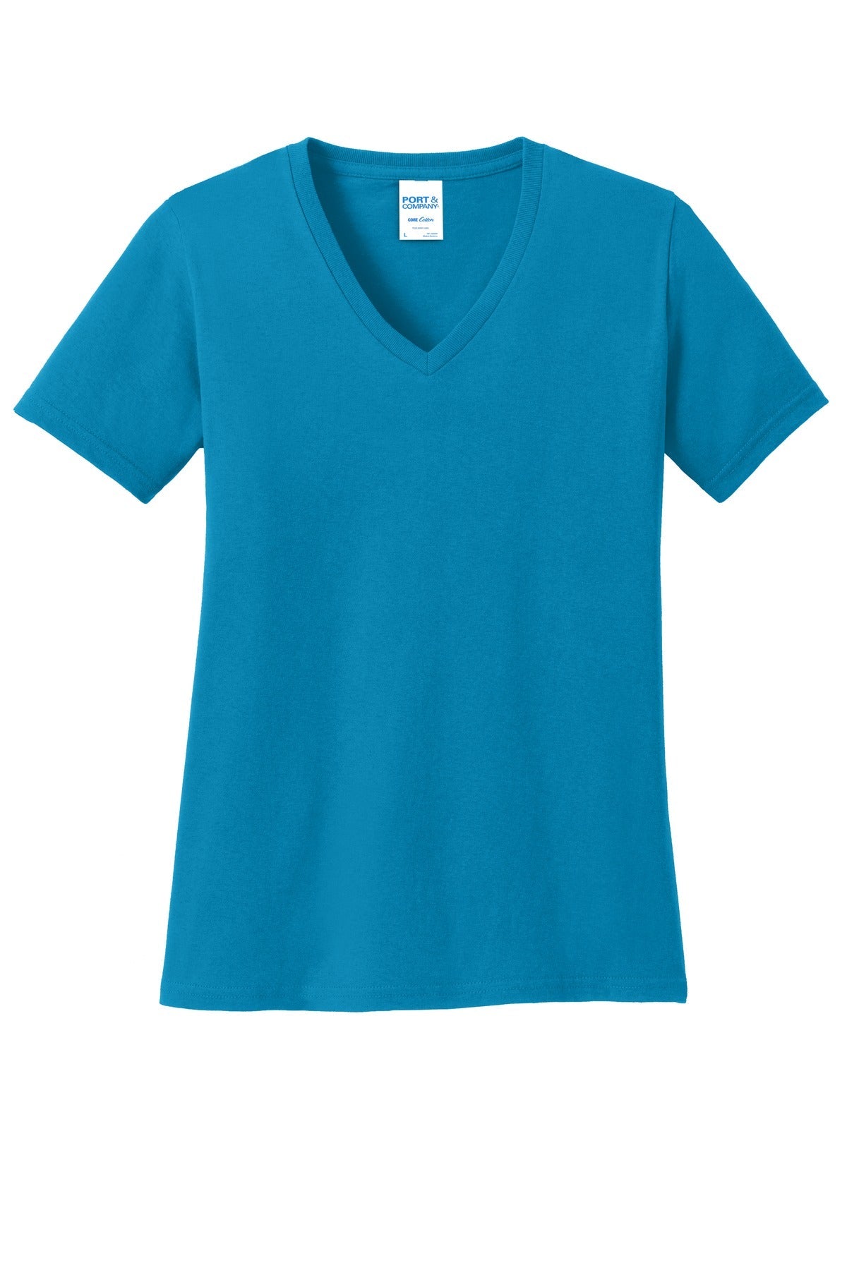 Front View of Neon Blue Port & Co Women's Core Cotton V-Neck Tee. LPC54V