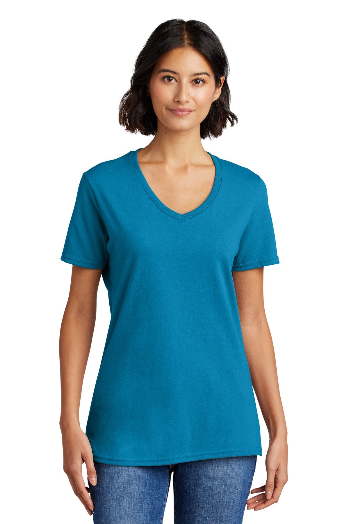 Front View of Neon Blue Port & Co Women's Core Cotton V-Neck Tee. LPC54V