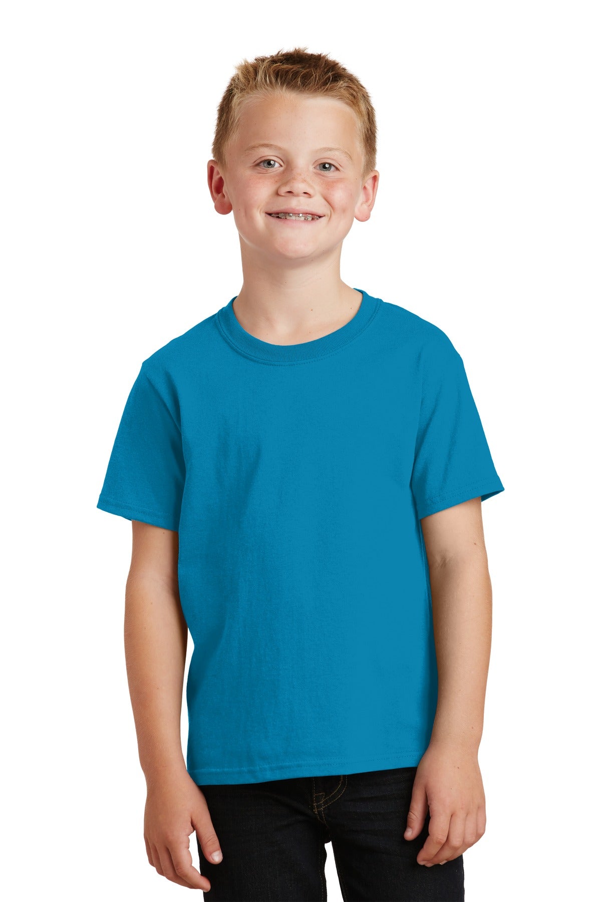 Front View of Neon Blue Port & Co Youth Core Cotton Tee. PC54Y