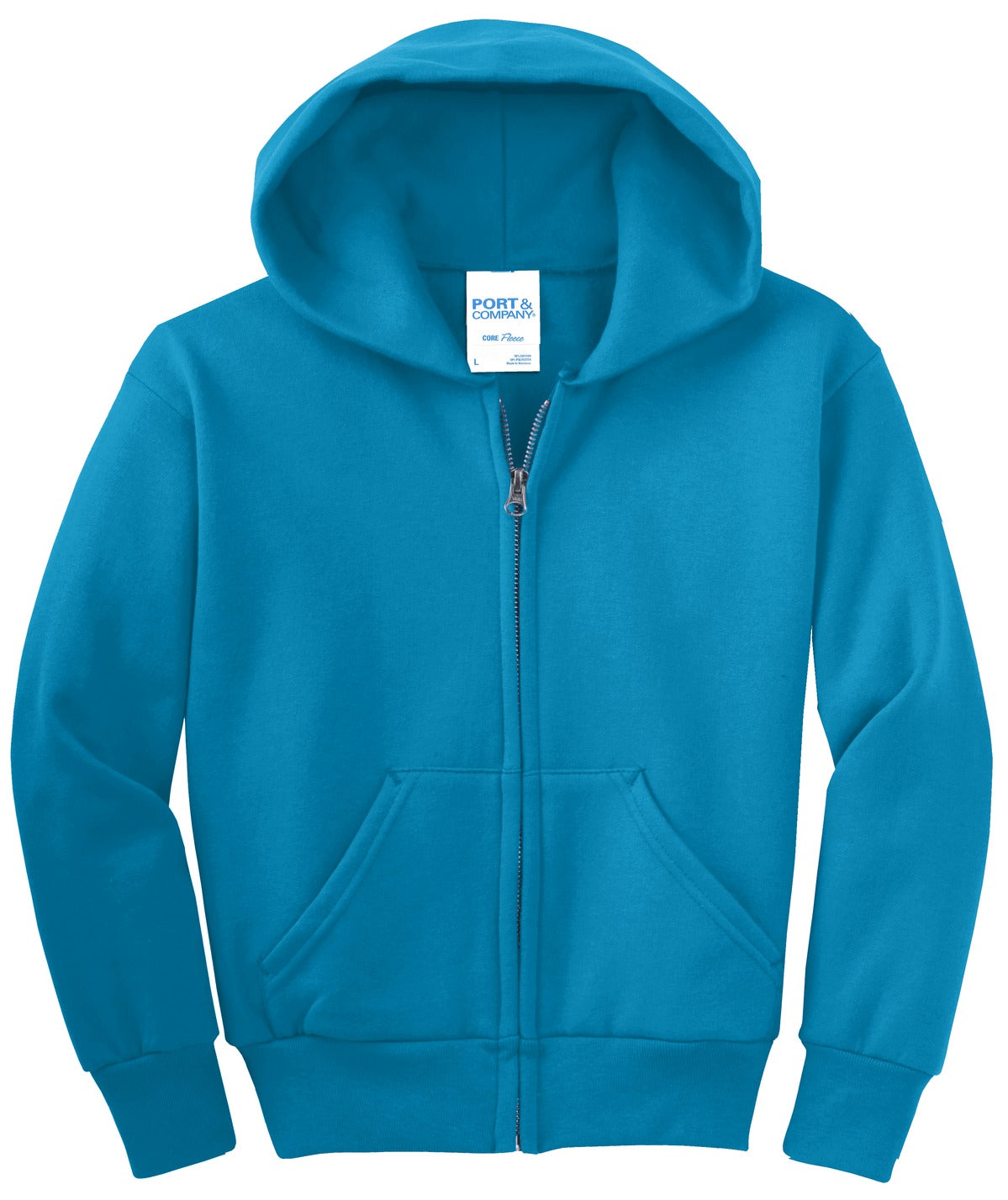 Front View of Neon Blue Port & Co Youth Core Fleece Full-Zip Hooded Sweatshirt. PC90YZH
