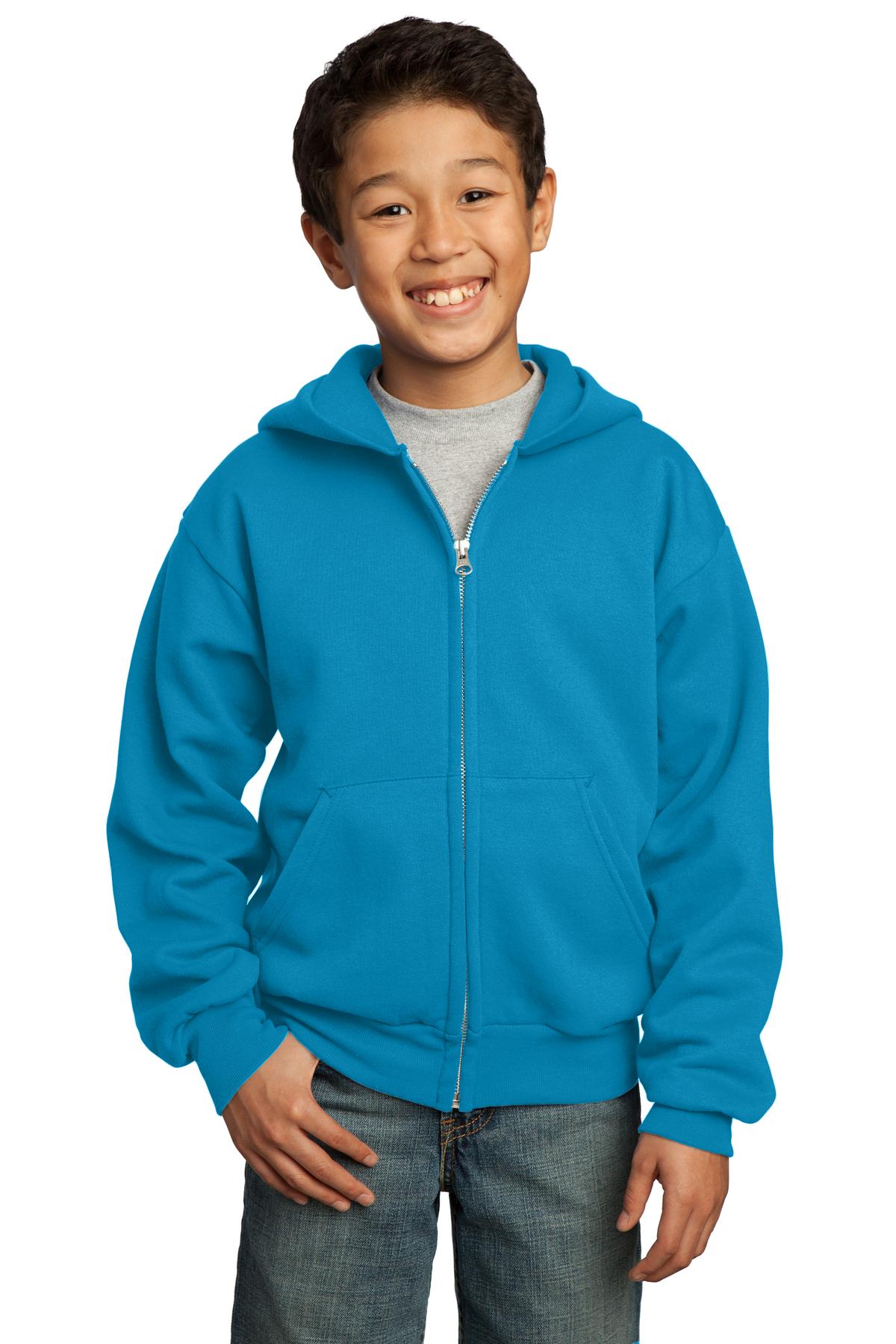 Front View of Neon Blue Port & Co Youth Core Fleece Full-Zip Hooded Sweatshirt. PC90YZH