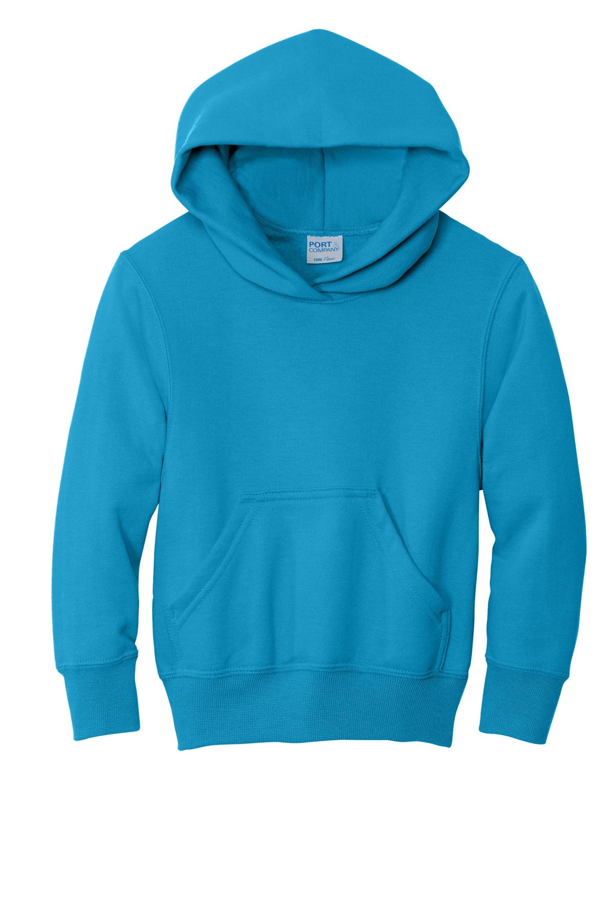 Front View of Neon Blue Port & Co Youth Core Fleece Pullover Hooded Sweatshirt. PC90YH