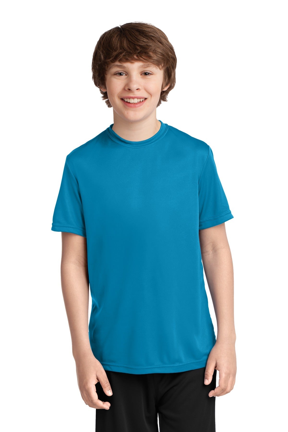 Front View of Neon Blue Port & Co Youth Performance Tee. PC380Y