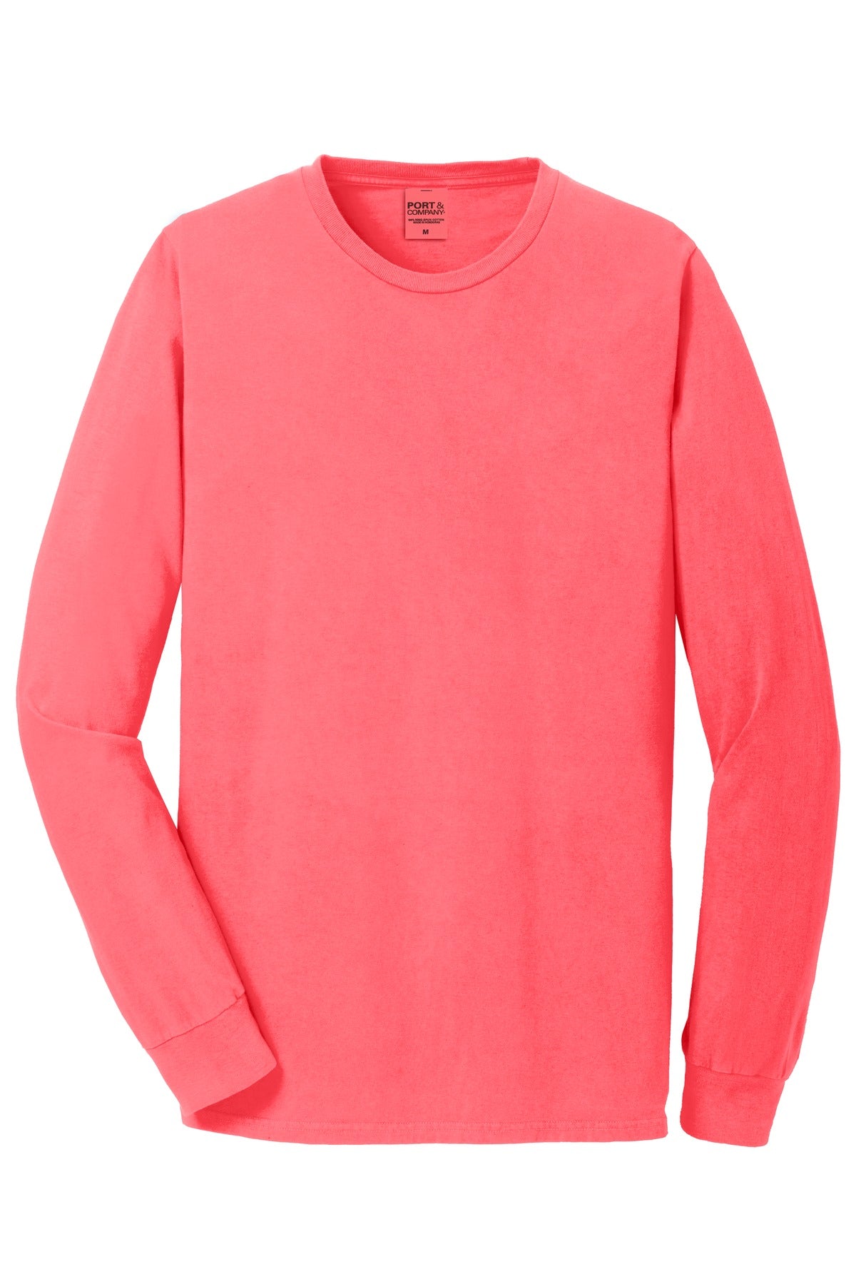Front View of Neon Coral Port & Co Beach Wash Garment-Dyed Long Sleeve Tee PC099LS