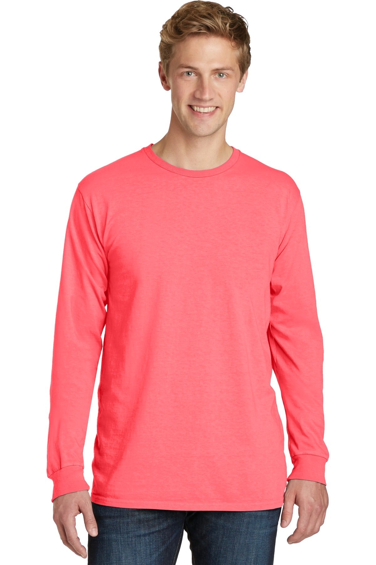 Front View of Neon Coral Port & Co Beach Wash Garment-Dyed Long Sleeve Tee PC099LS