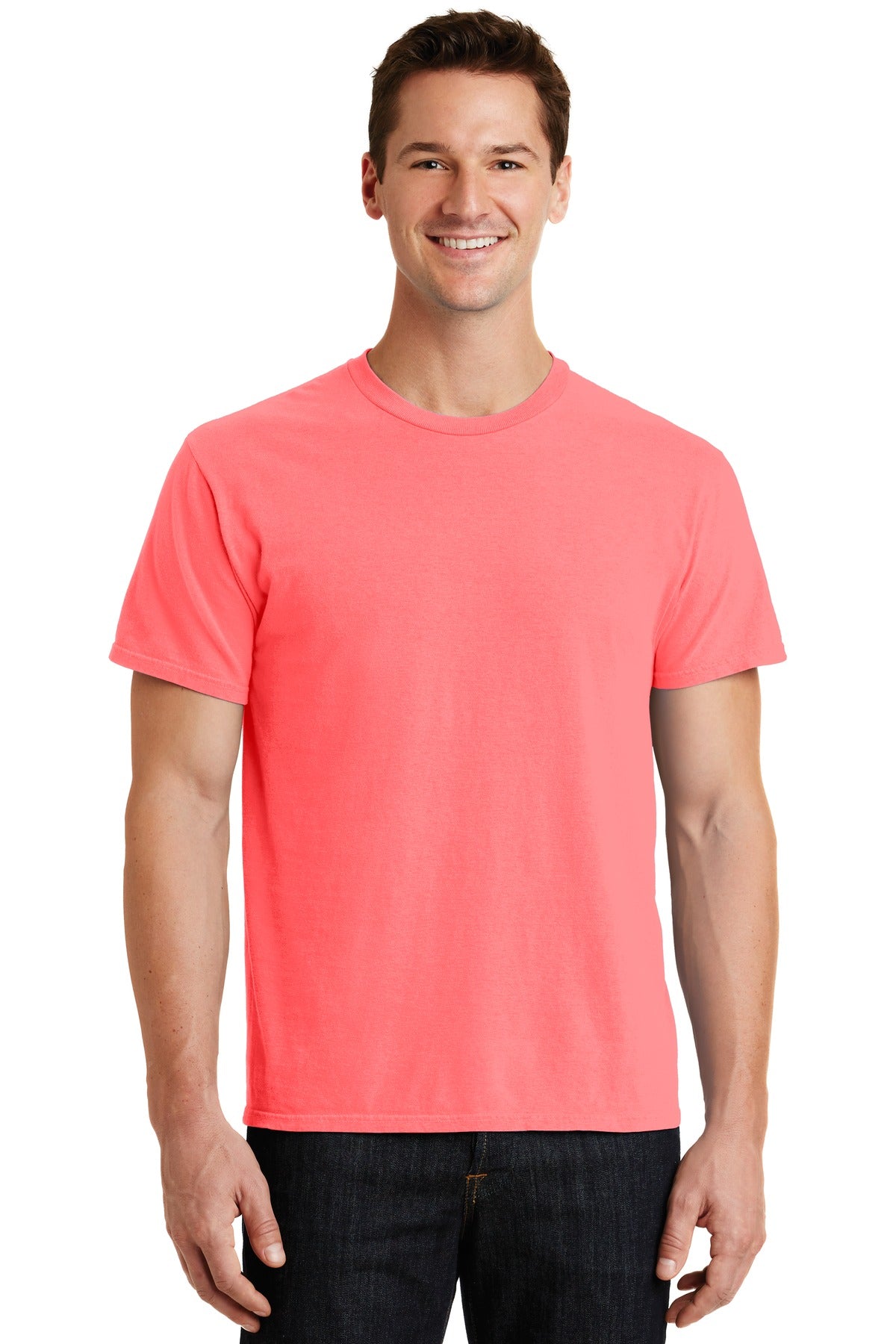 Front View of Neon Coral Port & Co Beach Wash Garment-Dyed Tee. PC099