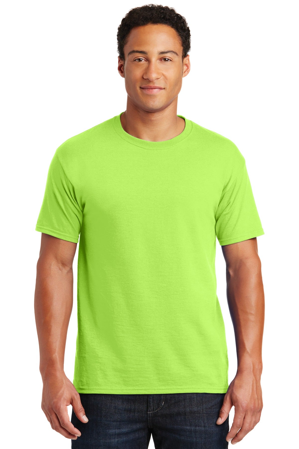Front View of Neon Green Jerzees - Dri-Power 50/50 Cotton/Poly T-Shirt. 29M