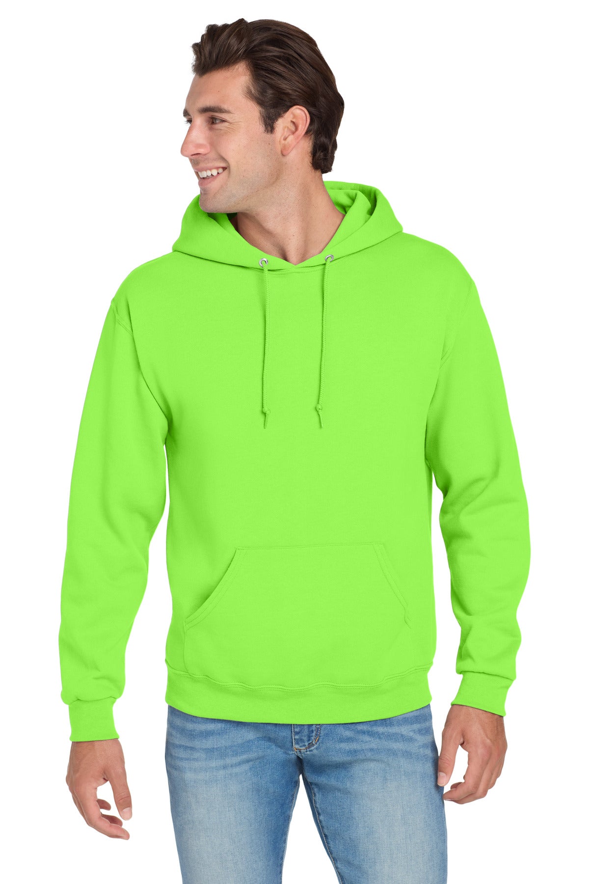 Front View of Neon Green Jerzees NuBlend Pullover Hooded Sweatshirt. 996M