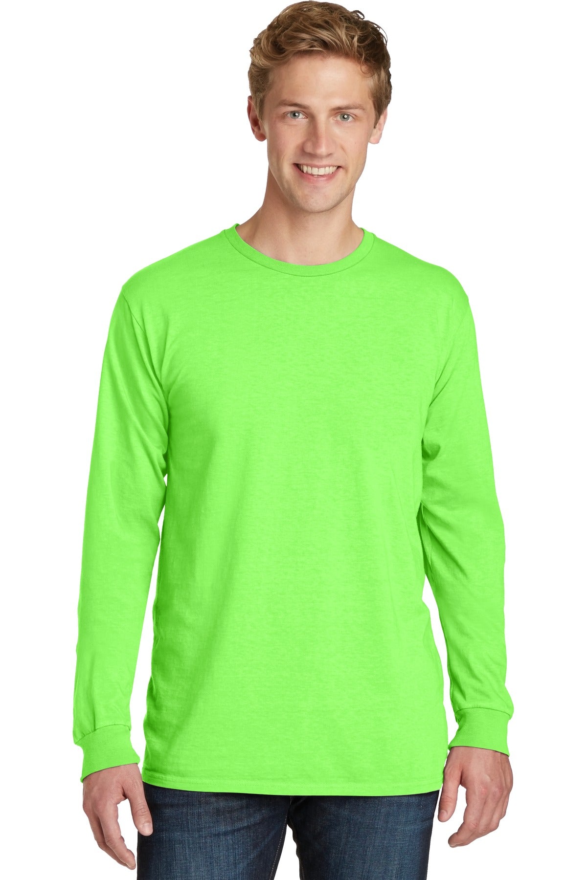 Front View of Neon Green Port & Co Beach Wash Garment-Dyed Long Sleeve Tee PC099LS