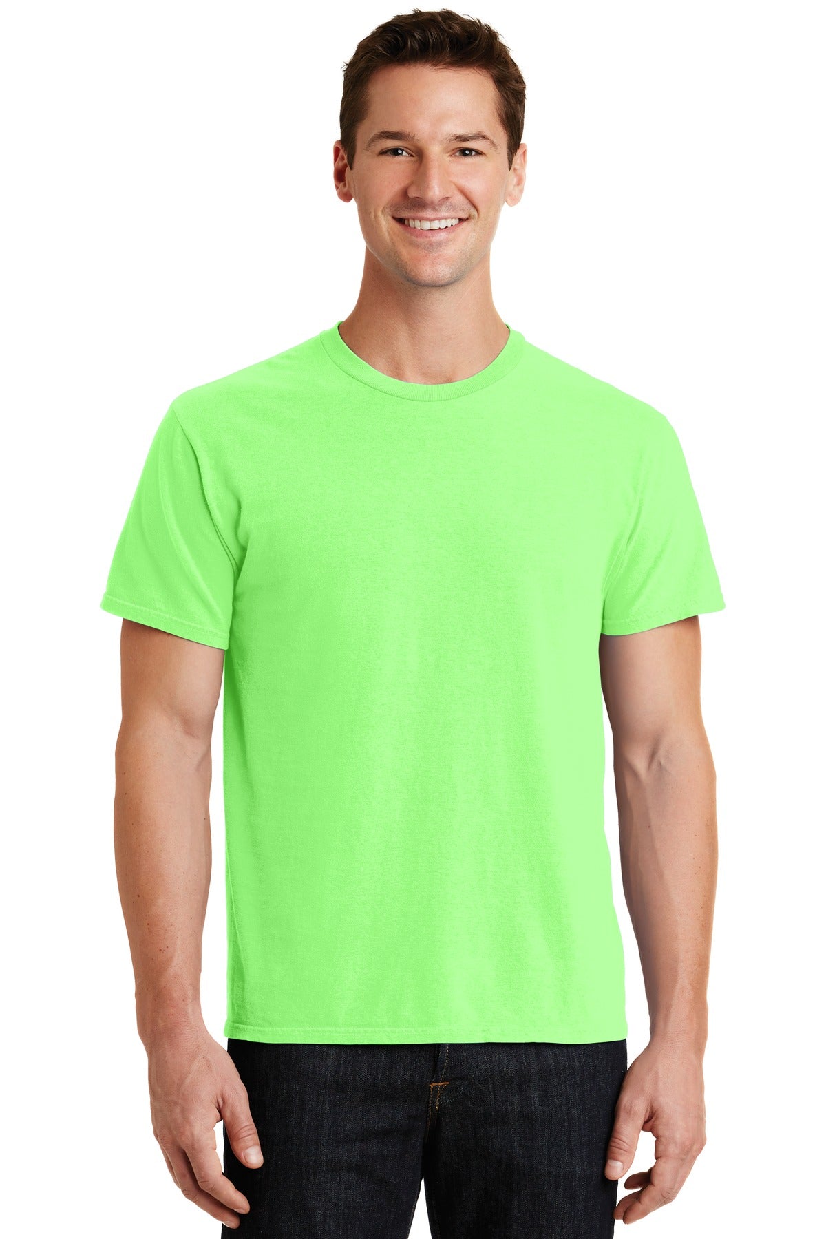 Front View of Neon Green Port & Co Beach Wash Garment-Dyed Tee. PC099