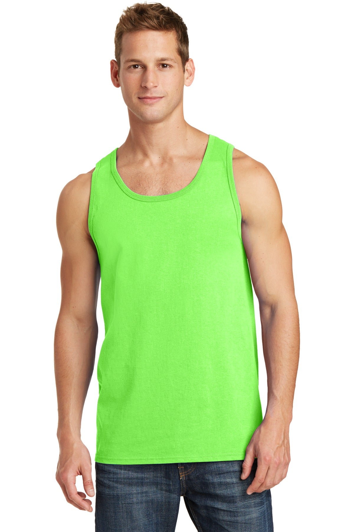Front View of Neon Green Port & Co Core Cotton Tank Top. PC54TT