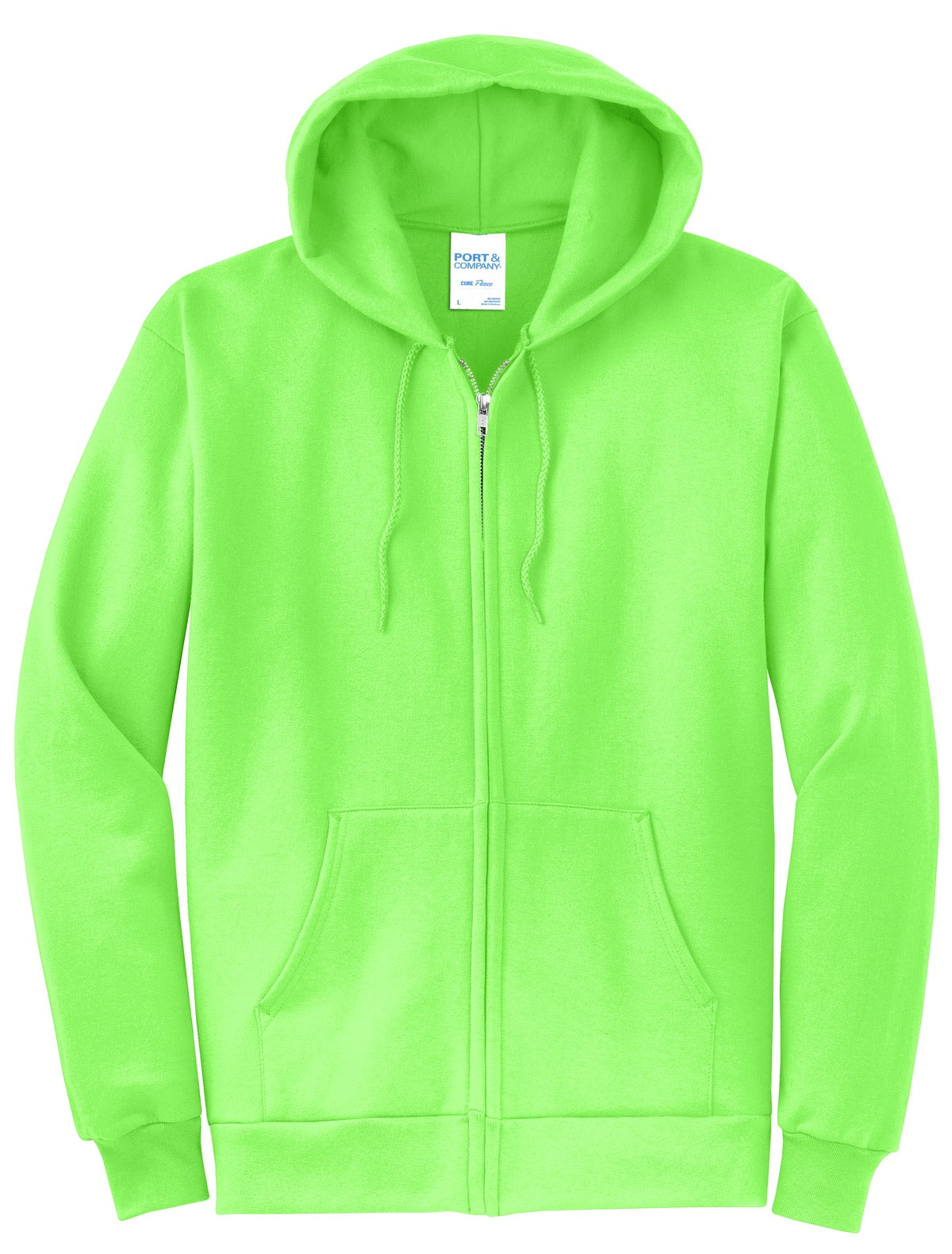 Front View of Neon Green Port & Co Core Fleece Full-Zip Hooded Sweatshirt. PC78ZH