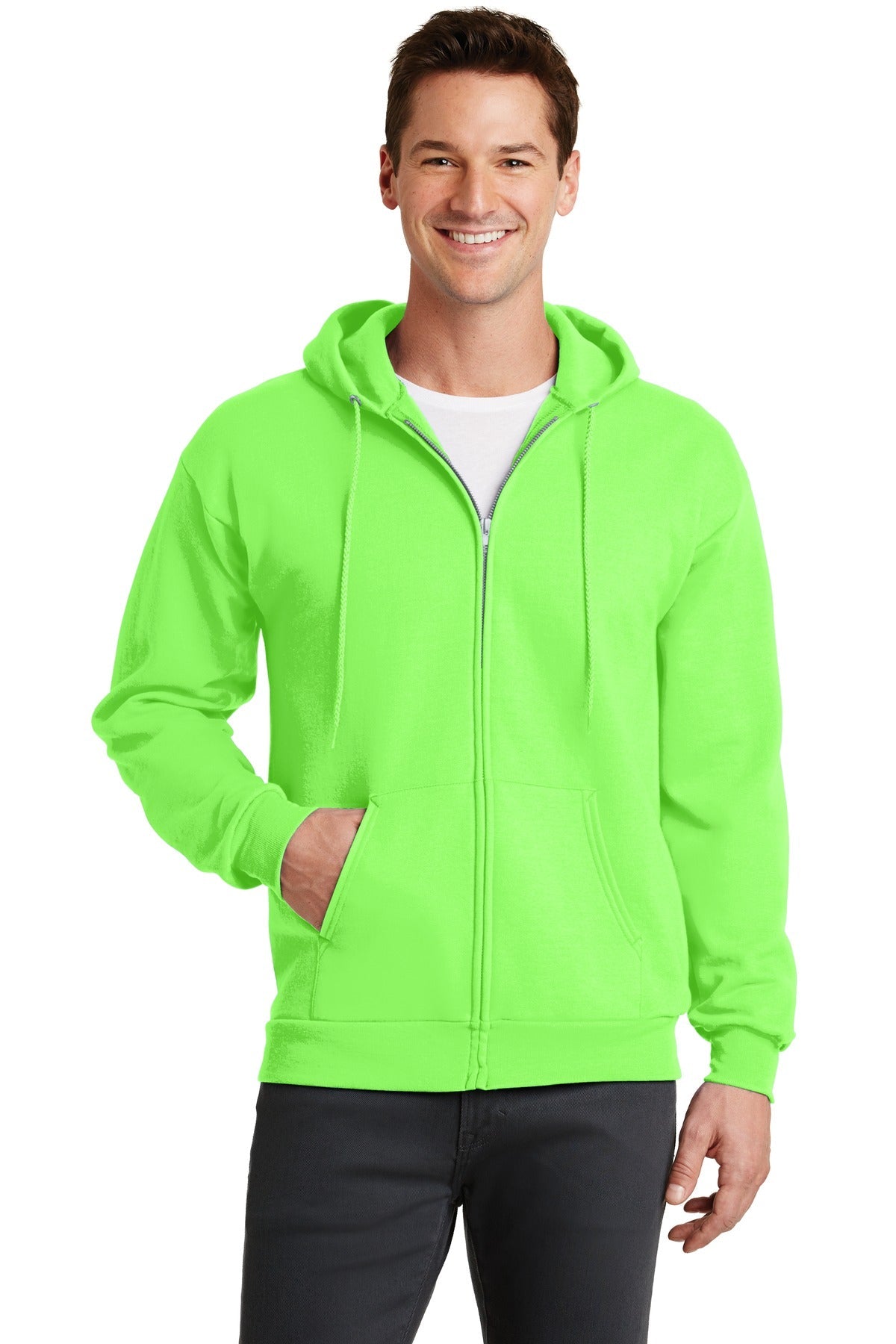 Front View of Neon Green Port & Co Core Fleece Full-Zip Hooded Sweatshirt. PC78ZH