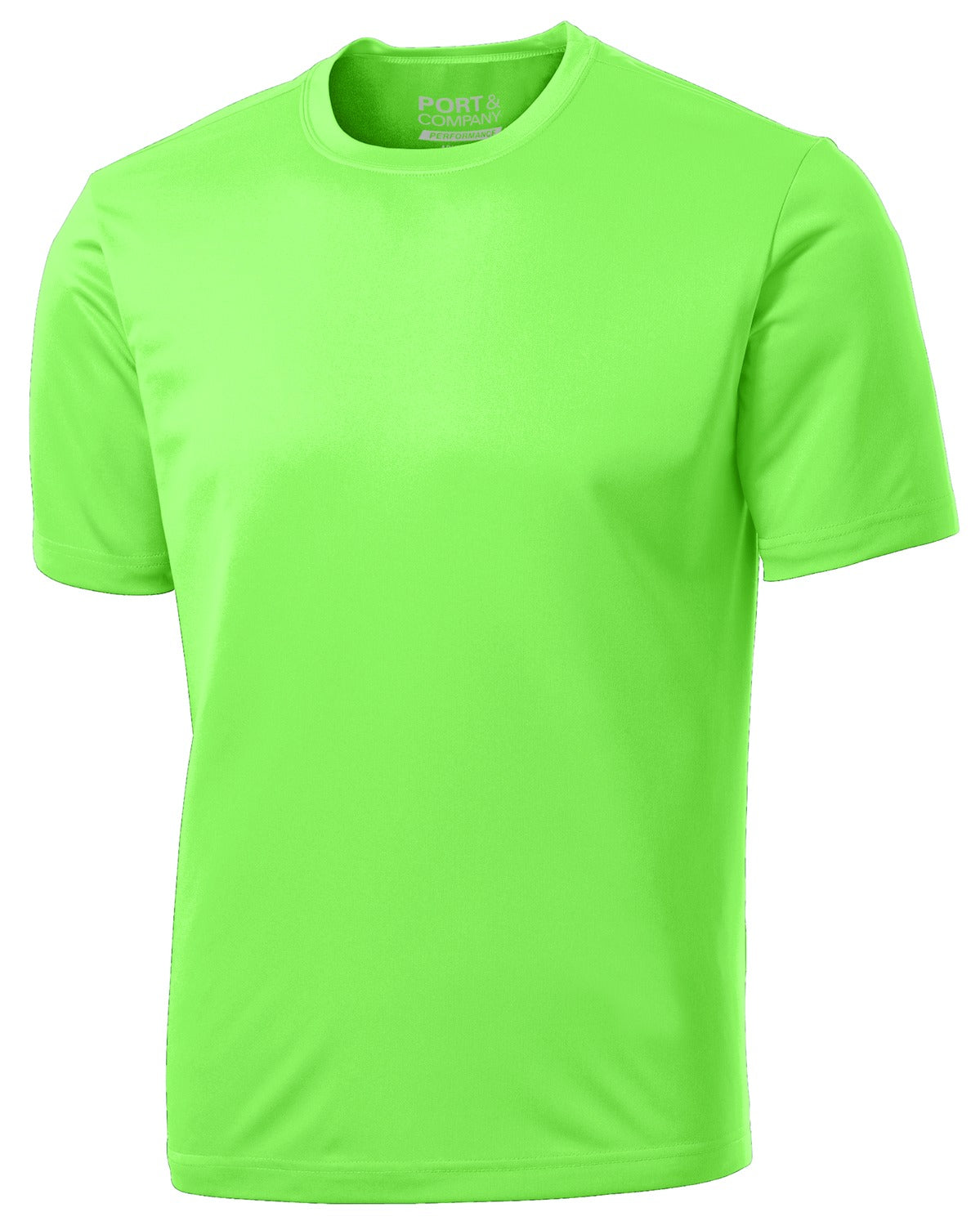 Front View of Neon Green Port & Co Performance Tee. PC380