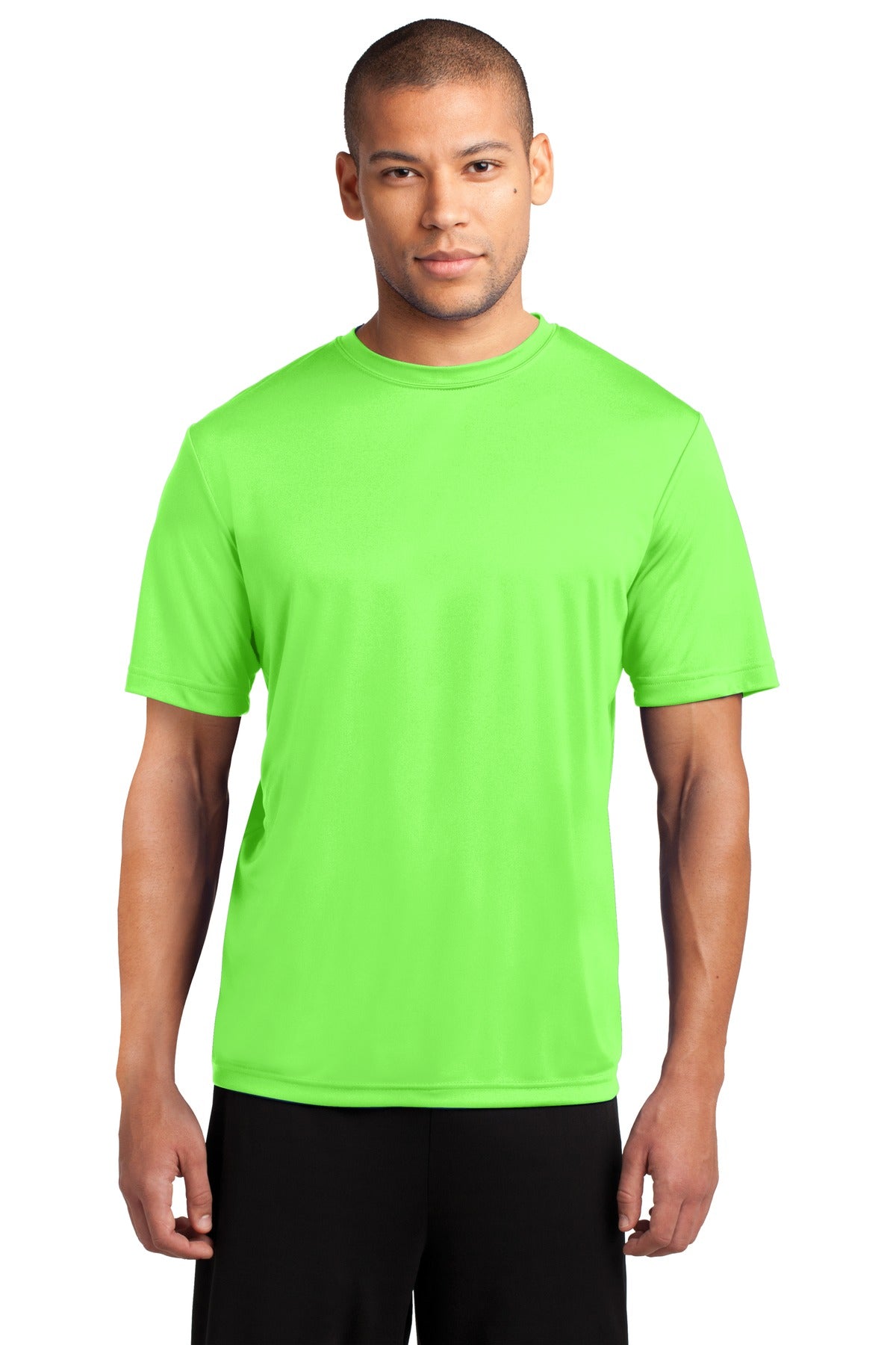 Front View of Neon Green Port & Co Performance Tee. PC380