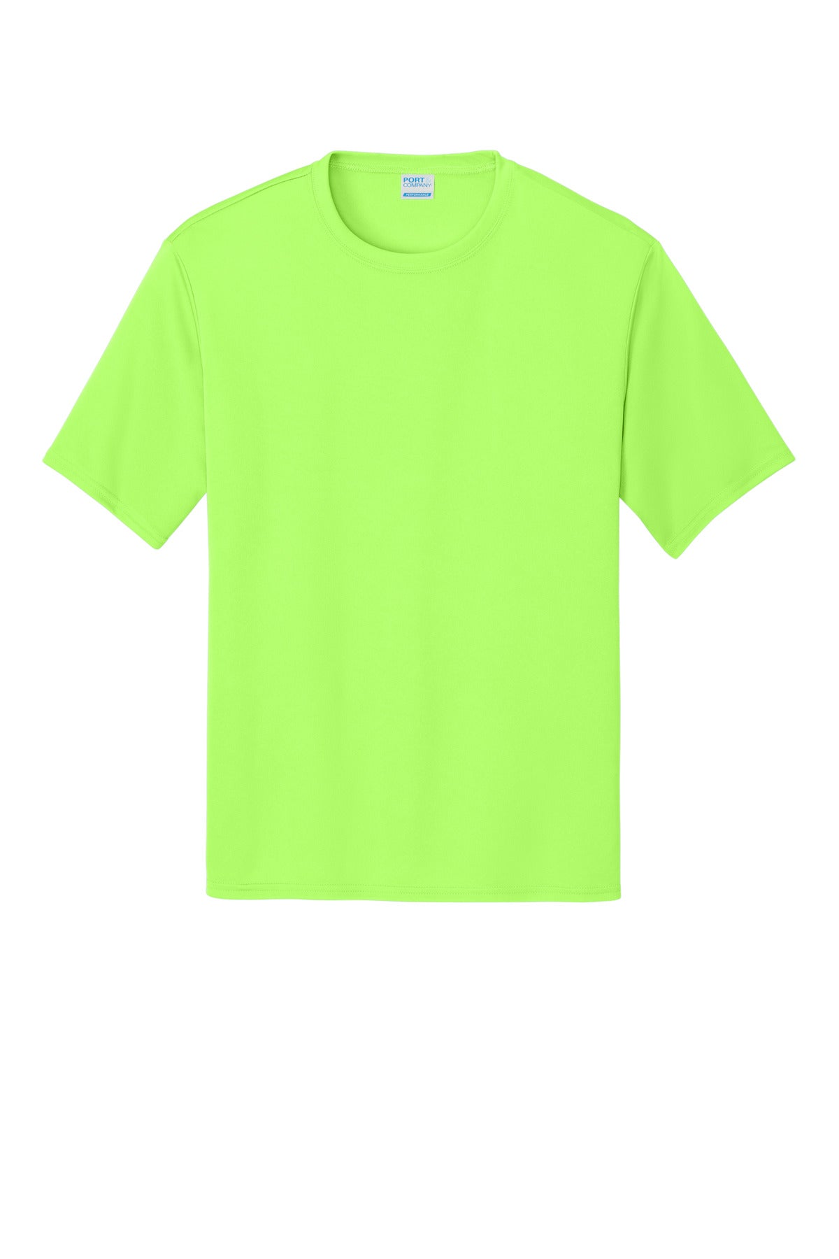 Front View of Neon Green Port & Co Performance Tee. PC380